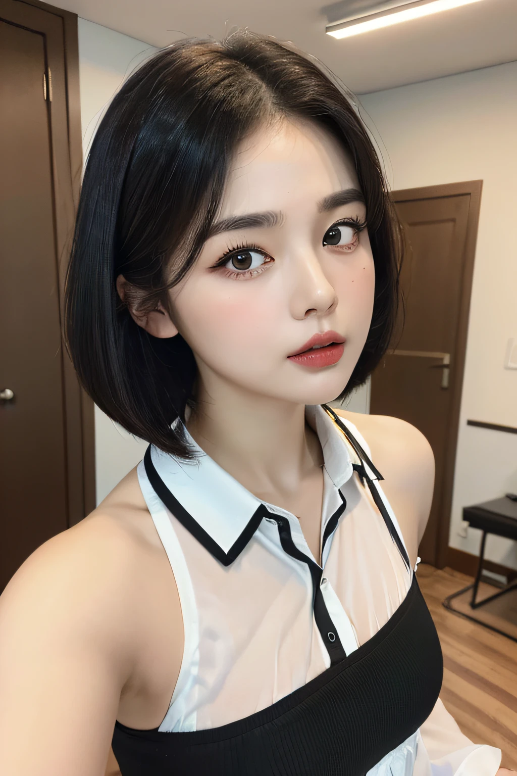 {masterpiece},{highest quality},{One girl}, cute, wonderful, Beautiful fine details, **,Bob Hair, Brown Hair,In detail,Depth of written boundary,Highly detailed CG,original, Highly detailed wallpaper,, View your viewers、,black、Small breasts青い目、Hotel、choker、Heel、,,topless,Functional,topless,Underless,pubic hair,underless,Small breasts