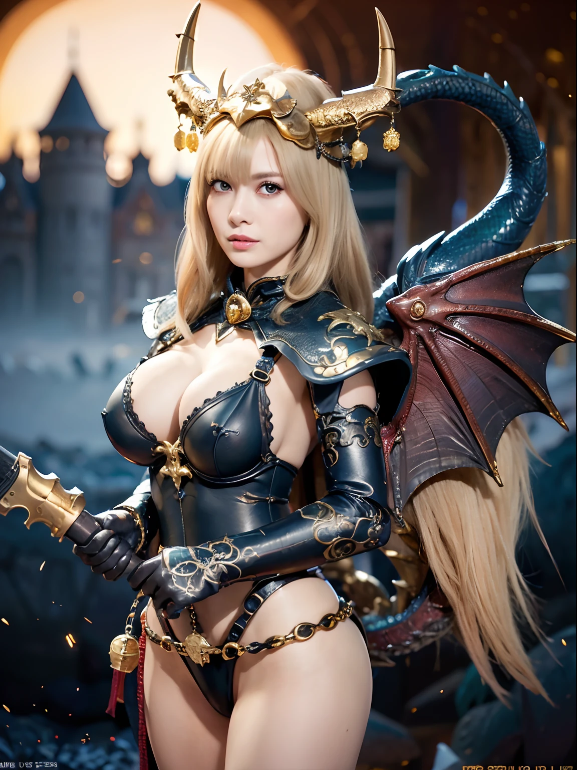 Professional , ​masterpiece、top-quality、photos realistic , depth of fields 、（Dragon Black Metal Body:1.９),(Matte Blue Black、(Night World)、（cleavage of the breast）、Dragon Gold Weapon、（Micro Bikini Armor:1.４),Gorgeous gold weapons ,（Fight dragons）、Seductive look、（（ Dragon's dense and gorgeous sword）） , （demonic wings）   ,Detail and gorgeous crown、（（a blond））、（Castle background）、（（Gangle's forest background））、Beautiful Caucasian beauty、１a person、dynamic ungle,(((Detailed and ornate dragon helmet)))、Smaller head、A smile、Castle background、Thin and beautiful female hands、cleavage of the breast、Soldier in iron armor on background、Mystical expression、Light Effects、intense fighting、Wind-effect、magic circles、With the legendary magic wand、Dragon's tail、