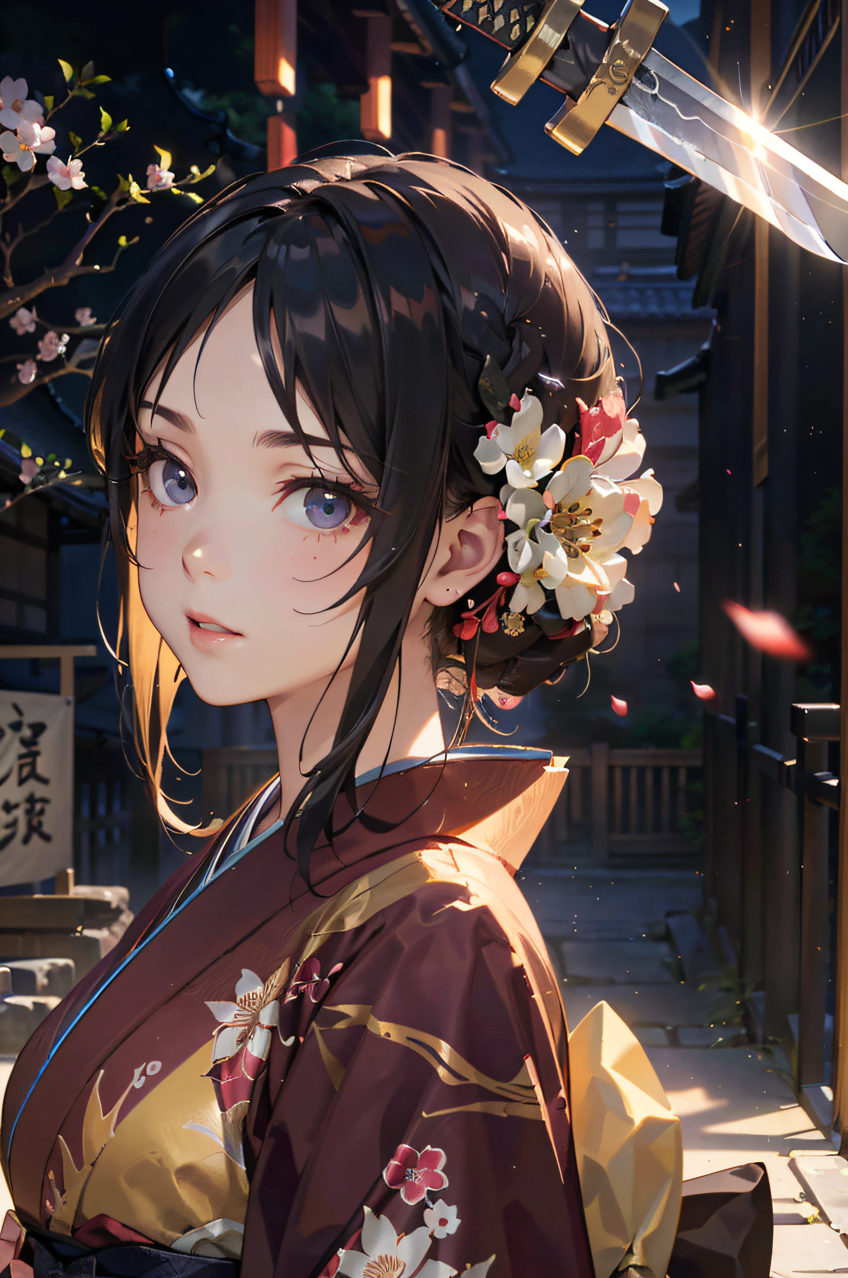 (Official art、Best Quality、Unity 8k Wallpapers、32K、​masterpiece、ultra-detailliert、超A high resolution、realisitic、Photorealsitic:1.2)、(Cinematic lighting:1.2)、Fireglow effect、film grains、Best Shadows、Rim lighting、side lights、sideshot、(Ultra-detailed and complex 3D rendering)、Detailed beautiful face and eyes、A slender、Medium bust、(Full body:1.2)、 Highly detailed background、beauitful face、blurry backround、a beauty girl、(super detailed skin、detailed skin textures:1.3)、Beautiful black hair、long、Floral kimono、a sakura background、２０Old beauty、Mystical、(Japan have a sword:1.3)