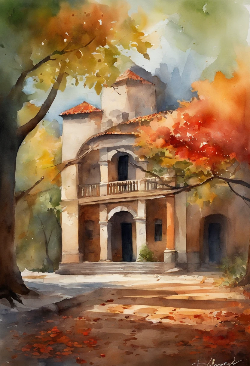 Realista abstracto Antiguo complejo residencial,paper filling in digital art 3D illustration, Edificio de ladrillo rojo,Great banyan tree,Pavimento limpio,fallen leaves,autumnal,in the early morning,Tonos amarillos claros,Super-fino,Cuidadosamente retratado,Alta calidad,8k,Miyazaki animation style