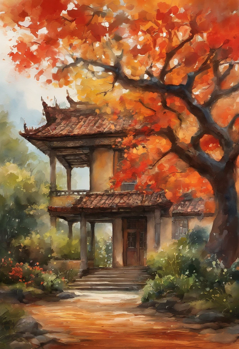 Realista abstracto Antiguo complejo residencial,paper filling in digital art 3D illustration, Edificio de ladrillo rojo,Great banyan tree,Pavimento limpio,fallen leaves,autumnal,in the early morning,Tonos amarillos claros,Super-fino,Cuidadosamente retratado,Alta calidad,8k,Miyazaki animation style
