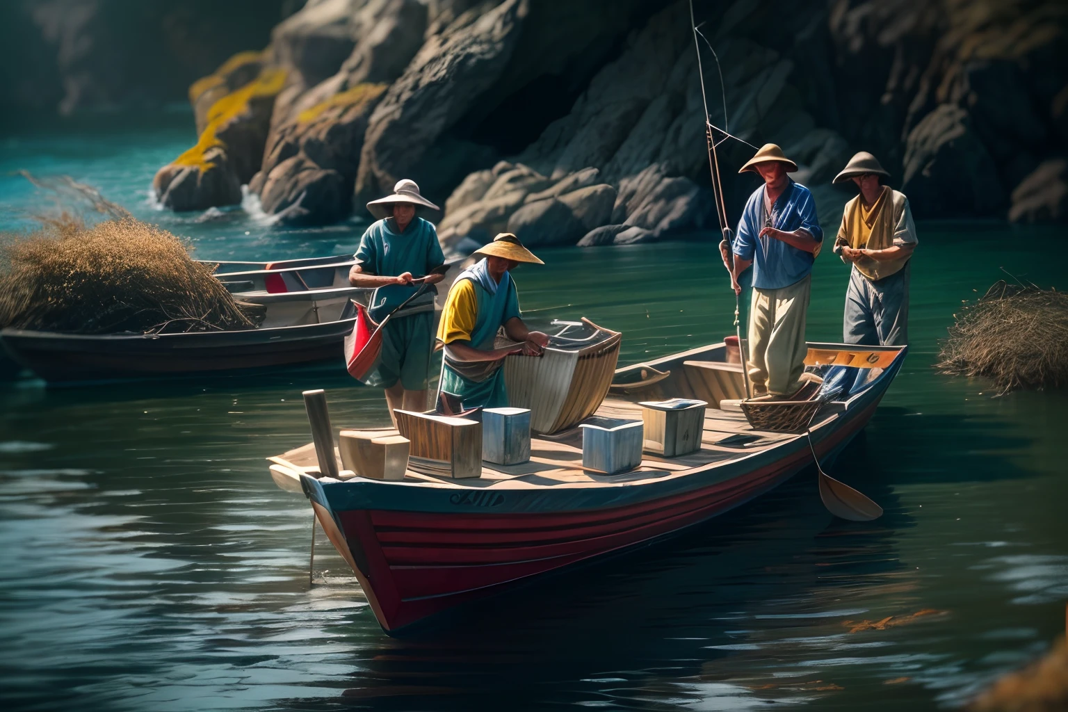 （Tilt-Shift:1.4),Fishermen fishing,(extremely colorful, Best quality, high detailed, Masterpiece, Cinematic Lighting, 4K, Chiaroscuro)