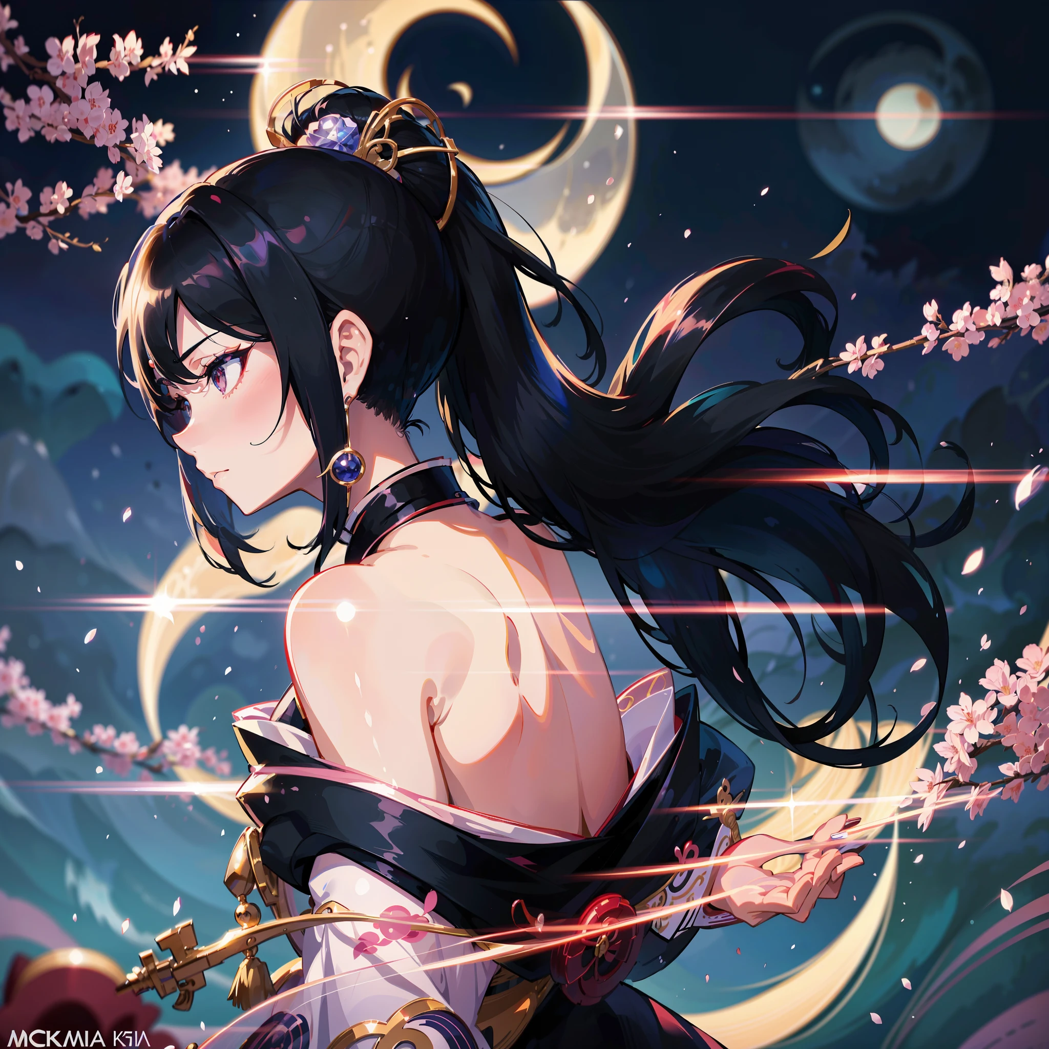 Profile Depict a woman with moon, ponytail, shiny black hair, gorgeous kimono, beautiful and elegant Japan on the background. Heart in the eye. Systemic. beautiful anime art wallpaper 8k, beautiful fantasy anime, beautiful anime, detailed anime artwork.blur background Have a sickle