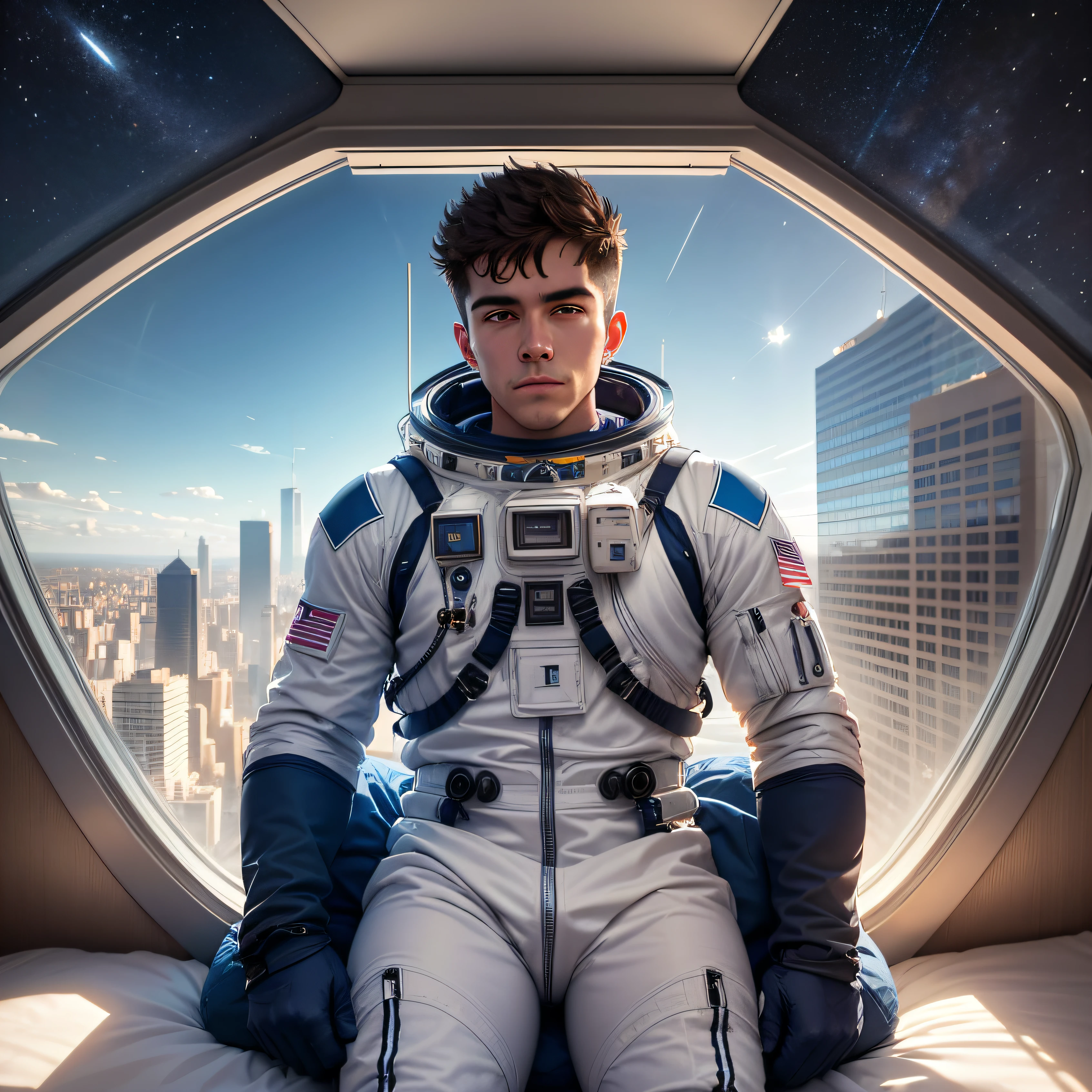 astronauta homen joven sentado em sua cama em seu grande quarto, Ele faz sua rotina matinal vestido com seu traje espacial, add a man body, realist man body, he puts his jet pack on his back looking up at the blue sky in front of Kjanela . description: Adda vista de um quarto gigante e mais detalhes no quarto, Mostramos os detalhes das pernas do homen astronauta, Arms, Hands and the whole body of the astronaut man, We show the astronaut's routine and preparation for the day, We show the giant room lit by a large, tall bedroom window on top of a skyscraper, Ao fundo, A metropolis is seen through the window.
