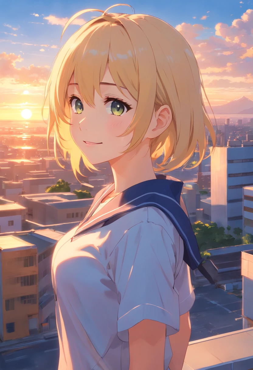 (Anime style) (Best quality, Masterpiece), (4K,hyper HD) , Anime girl, Long blonde striped hair, Reddish highlights, has green eyes, wearing a Japanese school uniform, Look at the sun, There is very little background,There are sunsets, The background color is vermilion, by WLOP, Nasimanga, (Perfect hands, with perfect legs,perfect foot,Perfect anatomy),blackstockings,Silk feet,Black pantyhose,black pantyhoses,black lence stockings,Type M,transparent pubic hair,Bigchest,long leges,cleavage,low chest,cropped shoulders,Hold your legs with both hands,Hold your legs,Knees,knee hugging,Split legs,squatt,squatting pose,No shoes