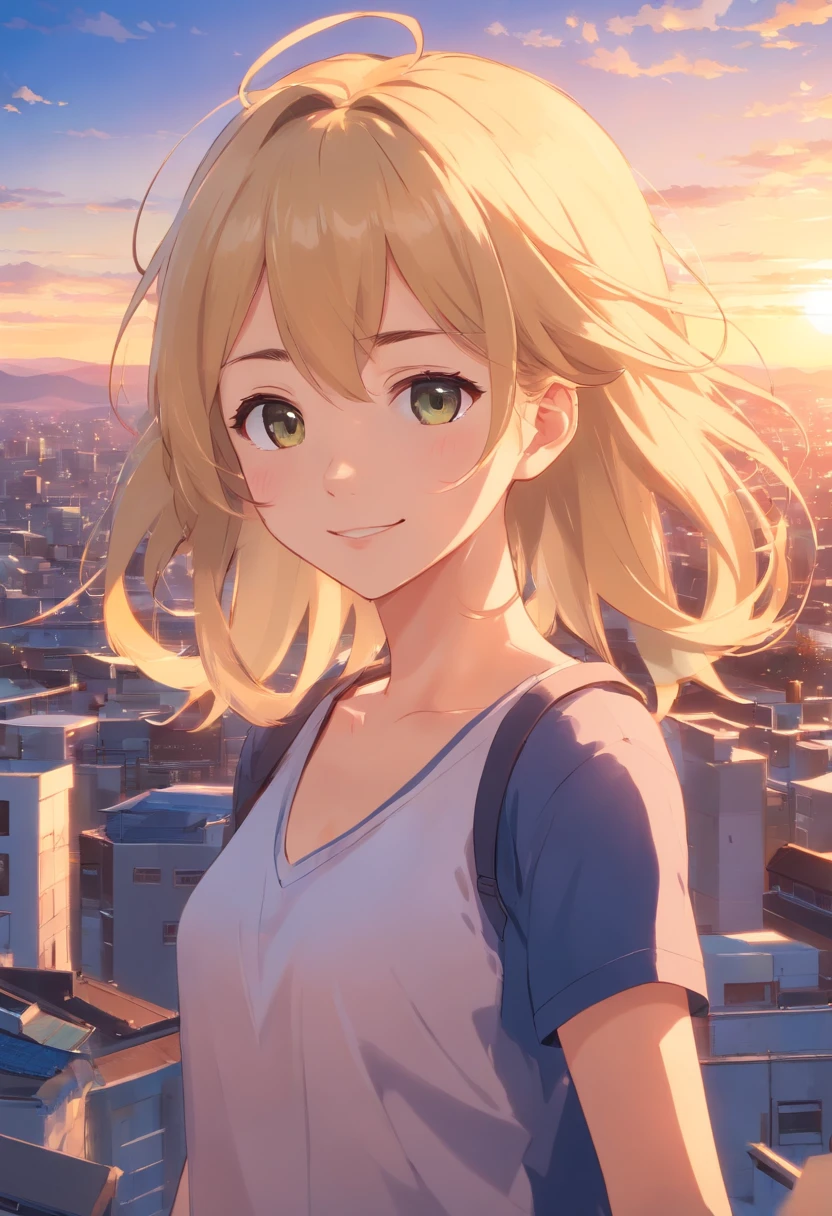 Meisterwerk, best qulaity, Standbild, 女の子1人,  Blonde hair city sky close-up bright frölich gentle smiling sunset beautiful In a school unifrom mitlere brüster