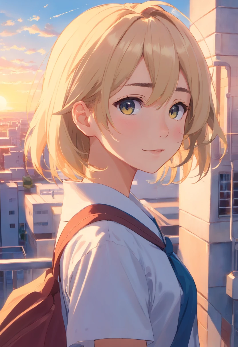 Meisterwerk, best qulaity, Standbild, 1人, Blonde hair city sky close-up bright frölich gentle smiling sunset beautiful In a school unifrom mitlere brüster