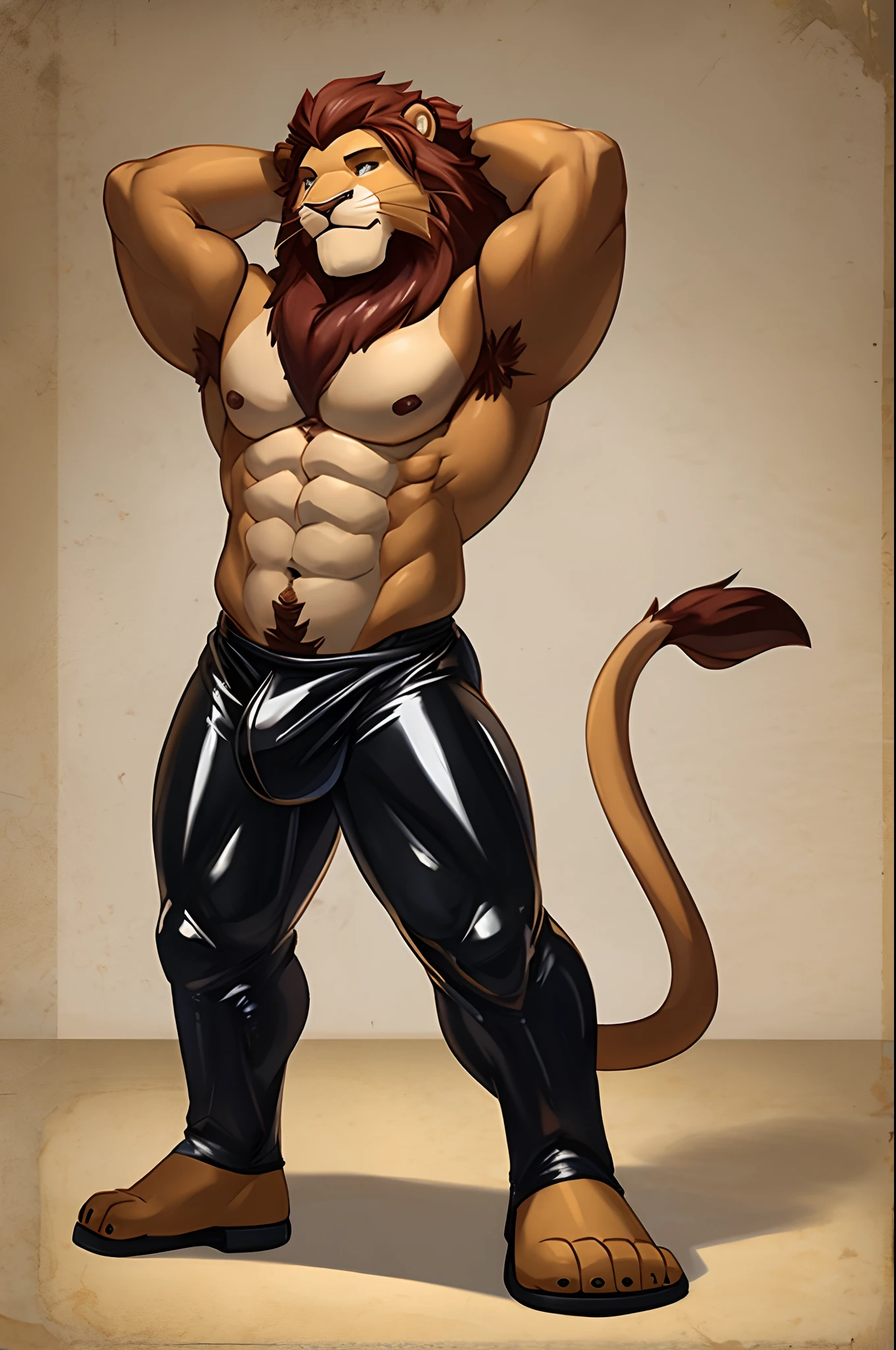 sozinho, masculino, corpo forte, lion making can on his side with one arm behind his head without clothes , wearing only latex pants, corpo inteiro