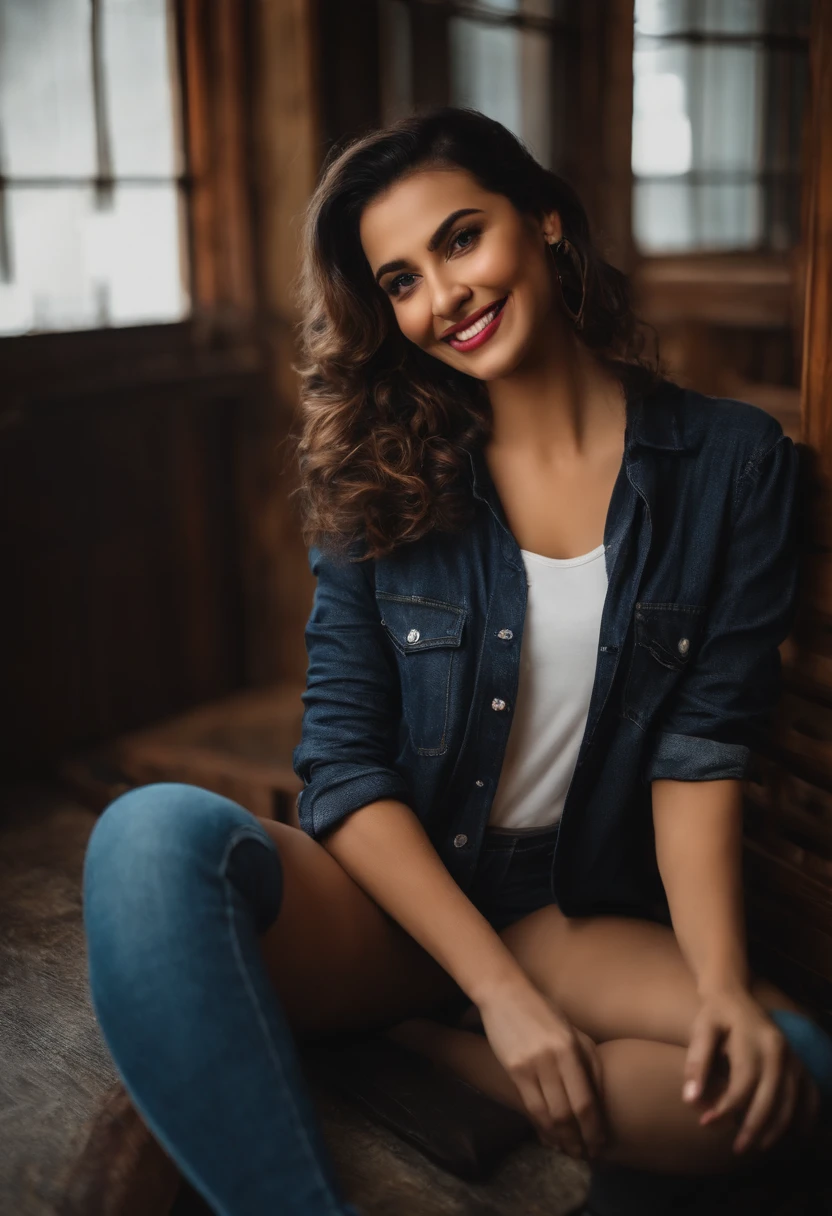Mulher loira de camisa preta e meias tirando selfie no espelho, sorriso atrevido e sensual