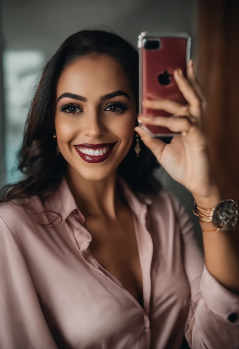 Mulher loira de camisa preta e meias tirando selfie no espelho, sorriso atrevido e sensual
