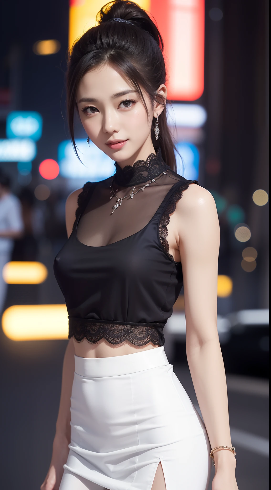 8k, masterpiece, RAW photo, best quality, photorealistic, extremely detailed CG unity 8k wallpaper, Depth of field, Cinematic Light, Lens Flare, Ray tracing, (extremely beautiful face, beautiful lips, beautiful eyes), intricate detail face, ((ultra detailed skin)) 1girl, in the dark, deep shadow, pretty korean girl, kpop idol,(very slim slender fit-muscled body), ((looking at viewer)),(big smile), city night, (neon sign), (blurry background), midnight, (vacant city), (without people in the background), pretty asian girl, earrings, bracelets, necklace, clear eyes, shot, (pale skin), face forward, (big eyes), ((close up shot)), (ponytail) (looking at viewer), medium breasts,((smile)), ((laced top)), ( very slim), (silk shirts), (silk skirt)