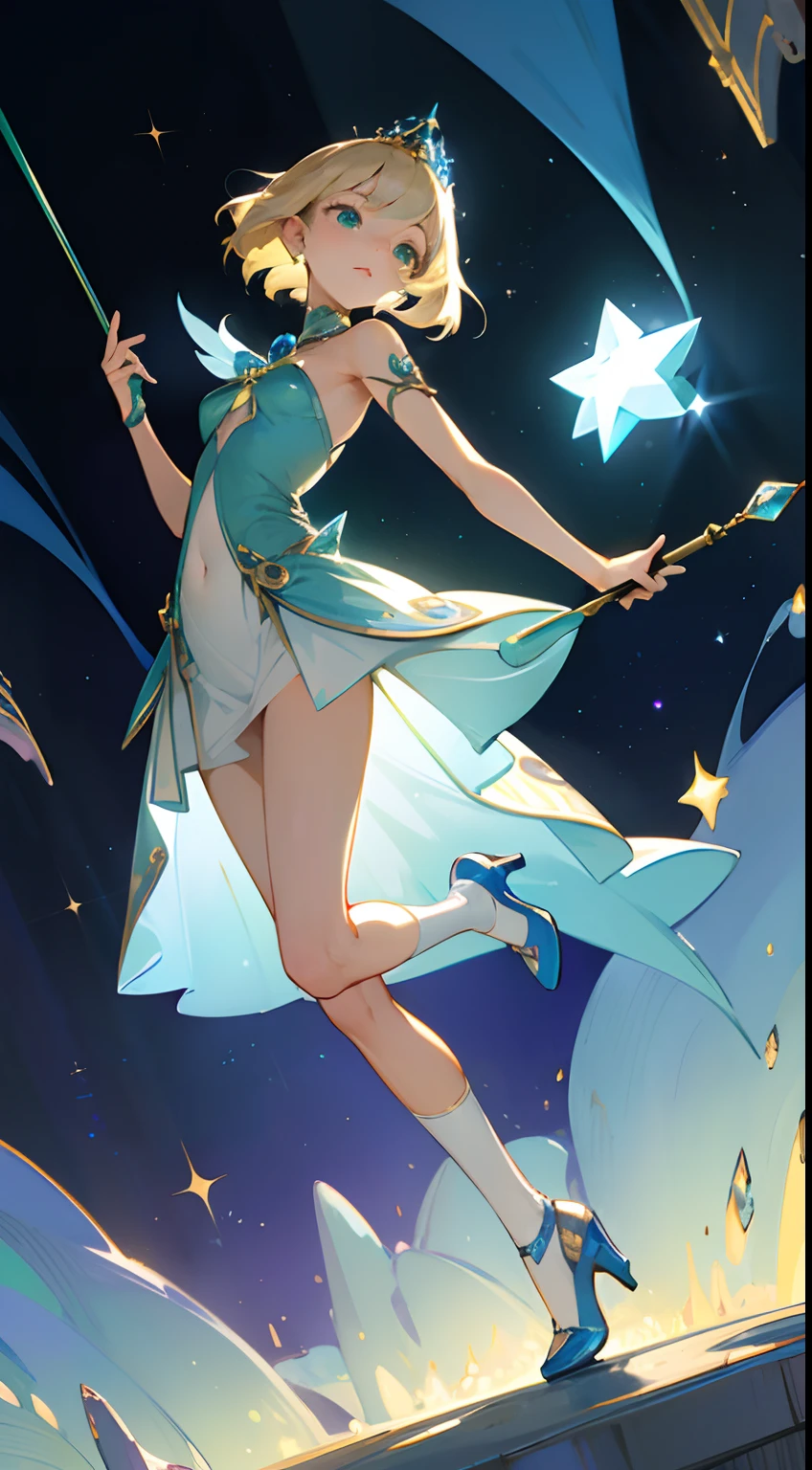 ​masterpiece,top-quality,Fantasia,Blue space with shining stars,ice cave,Girl Who Uses Magic,(Petite blonde girl),small tits,Green eyes,(Luxury silver tiara with blue gemstones,Navel Ejection、Gorgeous sexy white dress girl,Blue Gemstone Brooch,Gold decoration),White High Heels,White knee socks,Holding a luxurious wand of blue jewels,confident facial expression,Green magic square glows on the ground,Purple mist,Pieces of green light flying,full body seen,Low-angle