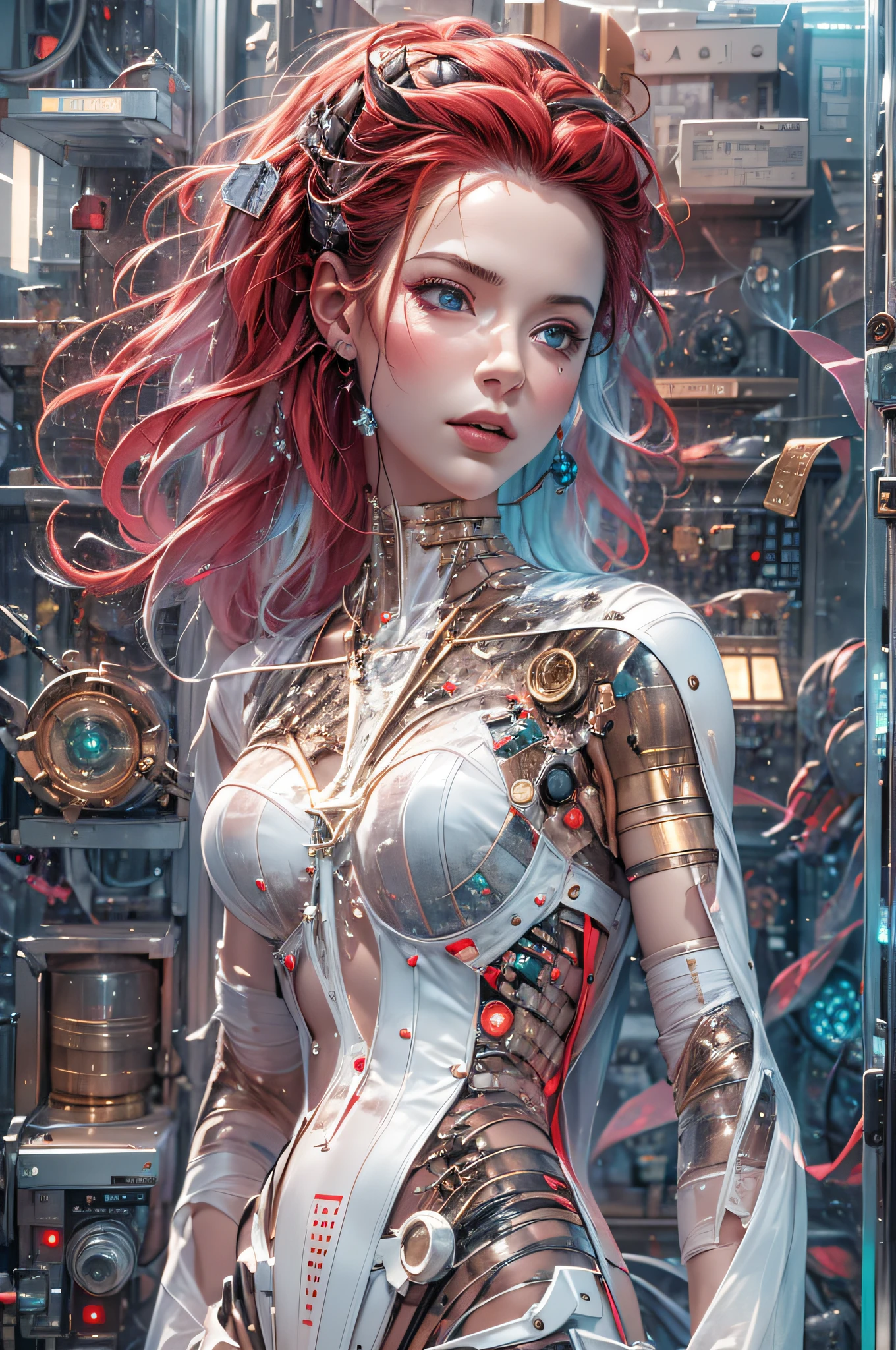 cyber beauty, highly detailed image of a biomechanical girl with a beautiful face, crimson hair. Her transparent glass and white porcelain skin reveals a network of intricate metals that form a stunning skeletal structure, catching the soft bioluminescent pink glow from beneath. Inside the futuristic lab room, complex electronic circuits, chips, and system-on-a-chip (SoC) components pulse with light, creating a symphony of high-tech wonder, creative, beautiful and aesthetic, high_res