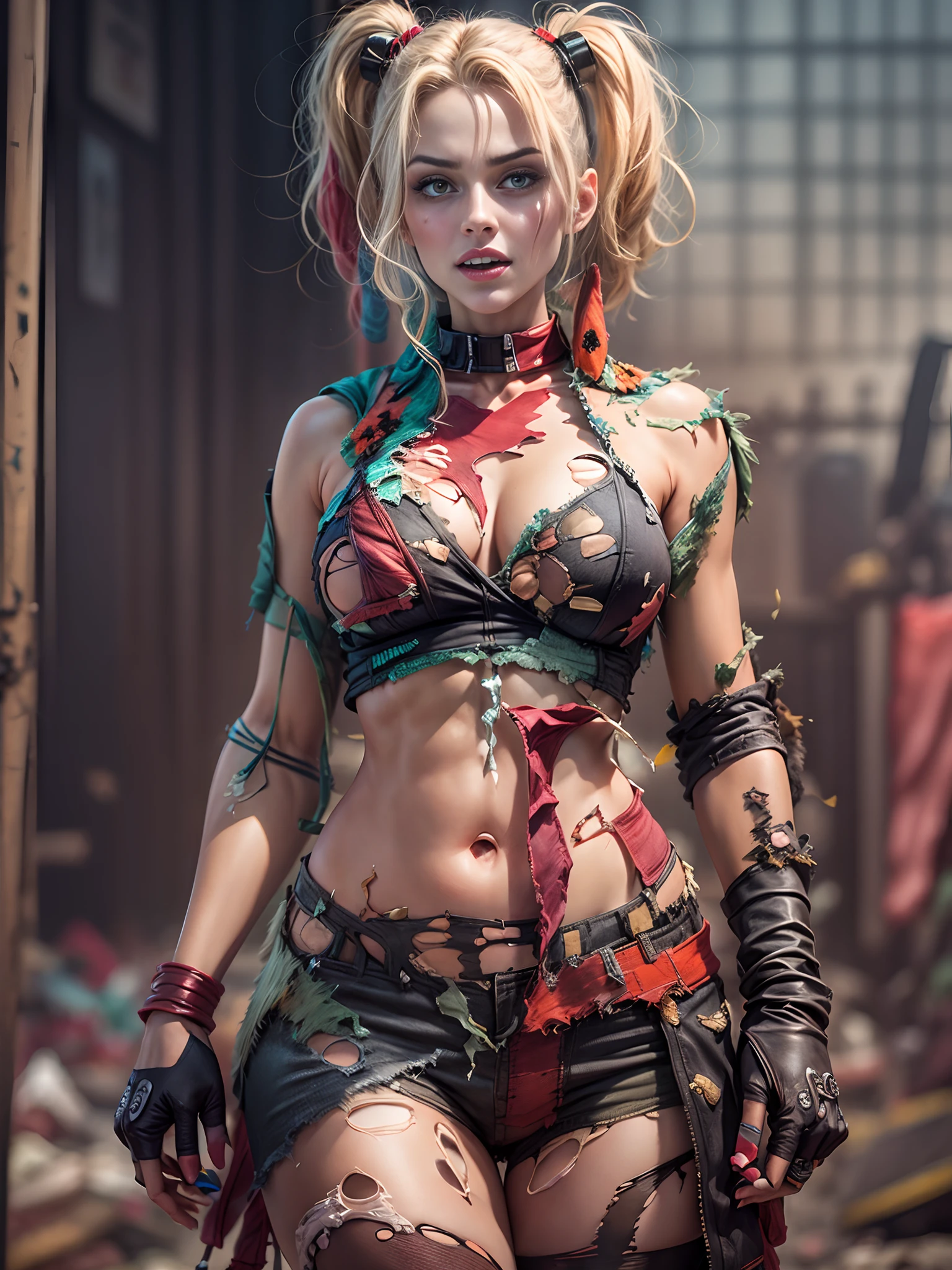 Hyper realistic, 1woman, Beautiful 30 year old woman wearing a skimpy scandalous two-piece Harley Quinn cosplay costume, full-body portrait, full-length portrait, Harley Quinn, heroic expression, sexy, brown hair, light hazel eyes, Harley Quinn boots, costume looks like its been destroyed as if in battle, nearly naked, torn costume, costume is in tatters with lots of holes and tears in it, lots of skin showing, lots of cleavage visible, torn clothes, background is post-apocalyptic metropolis, nsfw, high quality, lots of holes in Harley Quinn tube top, lots of holes in bikini Harley Quinn bottom, mostly naked, (Torn Clothes:3), (Burned Clothes:1.5), beautiful face, detailed face, DSLR, hyper realistic photography