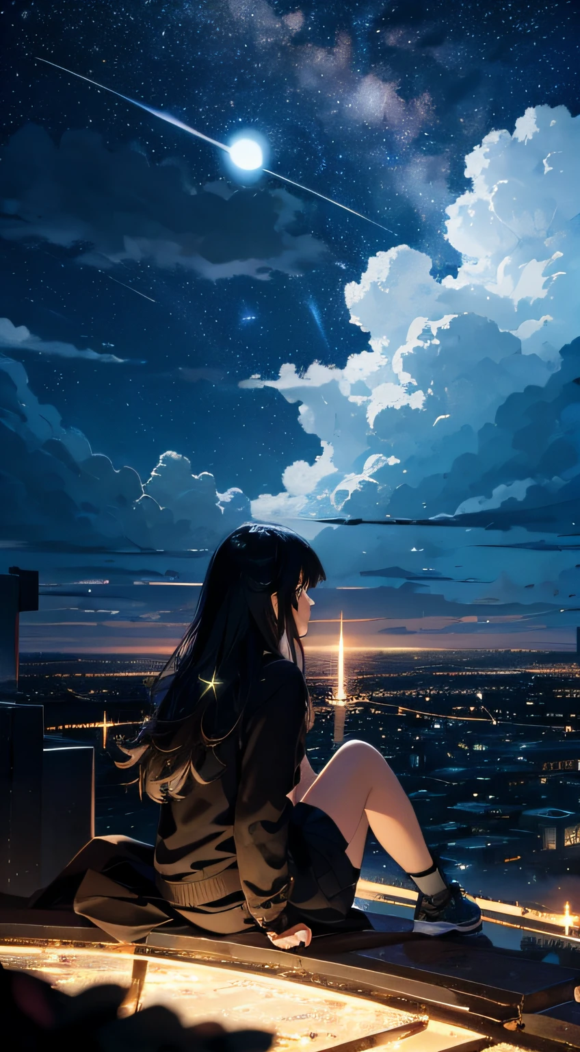 octans, sky, star (sky), scenery, starry sky, night, 1girl, night sky, solo, outdoors, building, cloud, milky way, sitting, tree, long hair, city, silhouette, cityscape