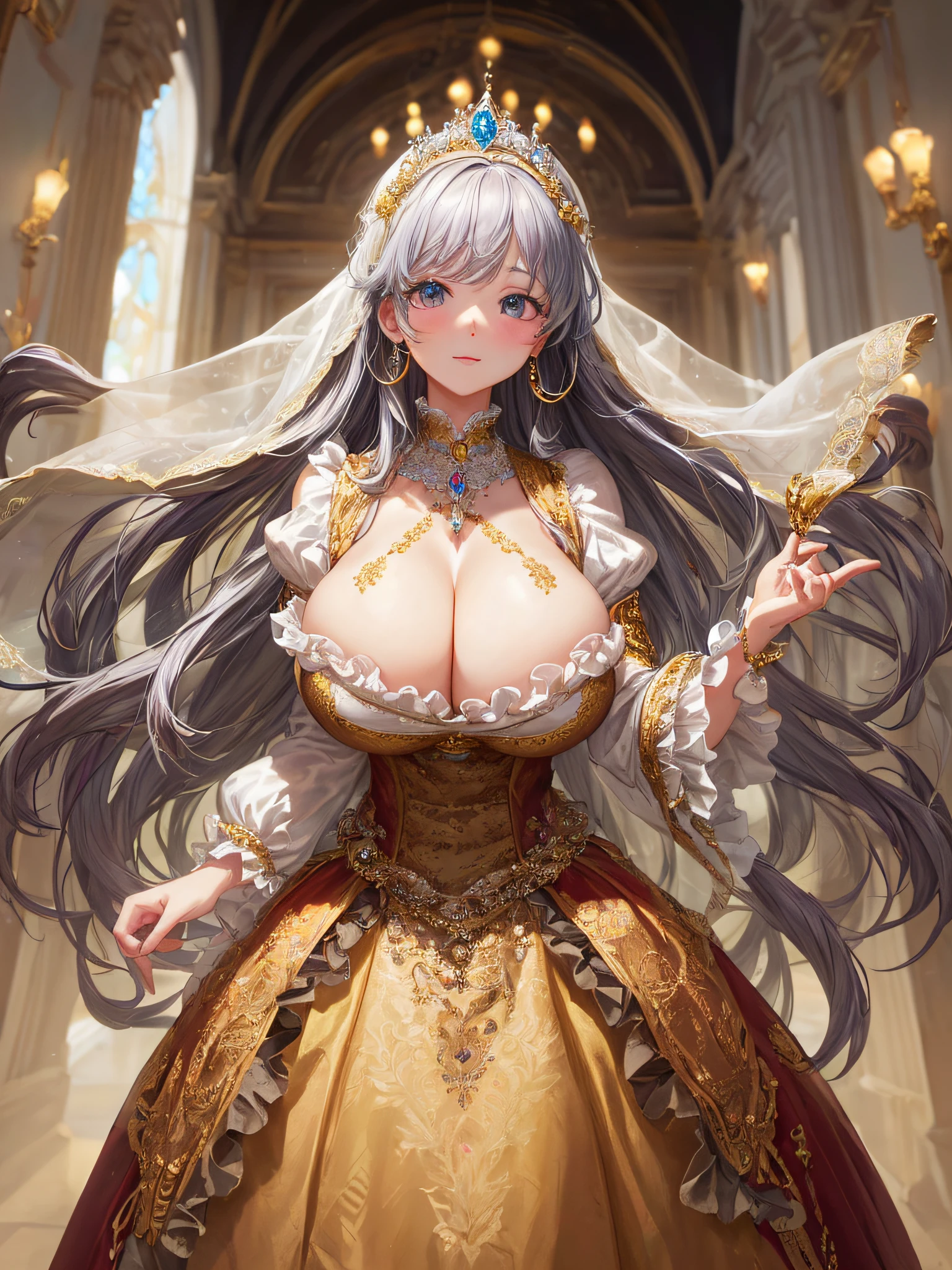 (masterpiece, best quality,extremely detailed:1.1),(moe anime art style:1.2),1girl,((full body,focus face)),((solo)), cute, kawaii,digital art,((1 gorgeous anime princess wearing beautiful embroidery and jeweled gorgeous princess rococo ballgown with voluminous full length hoop skirt)),((crinoline)),long train,voluminous frills,(gorgeous embroidery and beautiful lace),((very gigantic boobs,skindentation)),cleavage,shiny hair,(((very long hair,large amount of straight hair))),((finely detailed face and eyes)),clear pupil,extremely gorgeousfull hair ornament,(bling-bling jeweled extremely gorgeousfull tiara),(bling-bling gorgeous gemstone jewelry),long veil,beautiful background,fantasy background,flowers,flower petals flowing,full body,((beautiful embroidery and jeweled ruffled gorgeous princess rococo ballgown with voluminous full length hoop skirt))