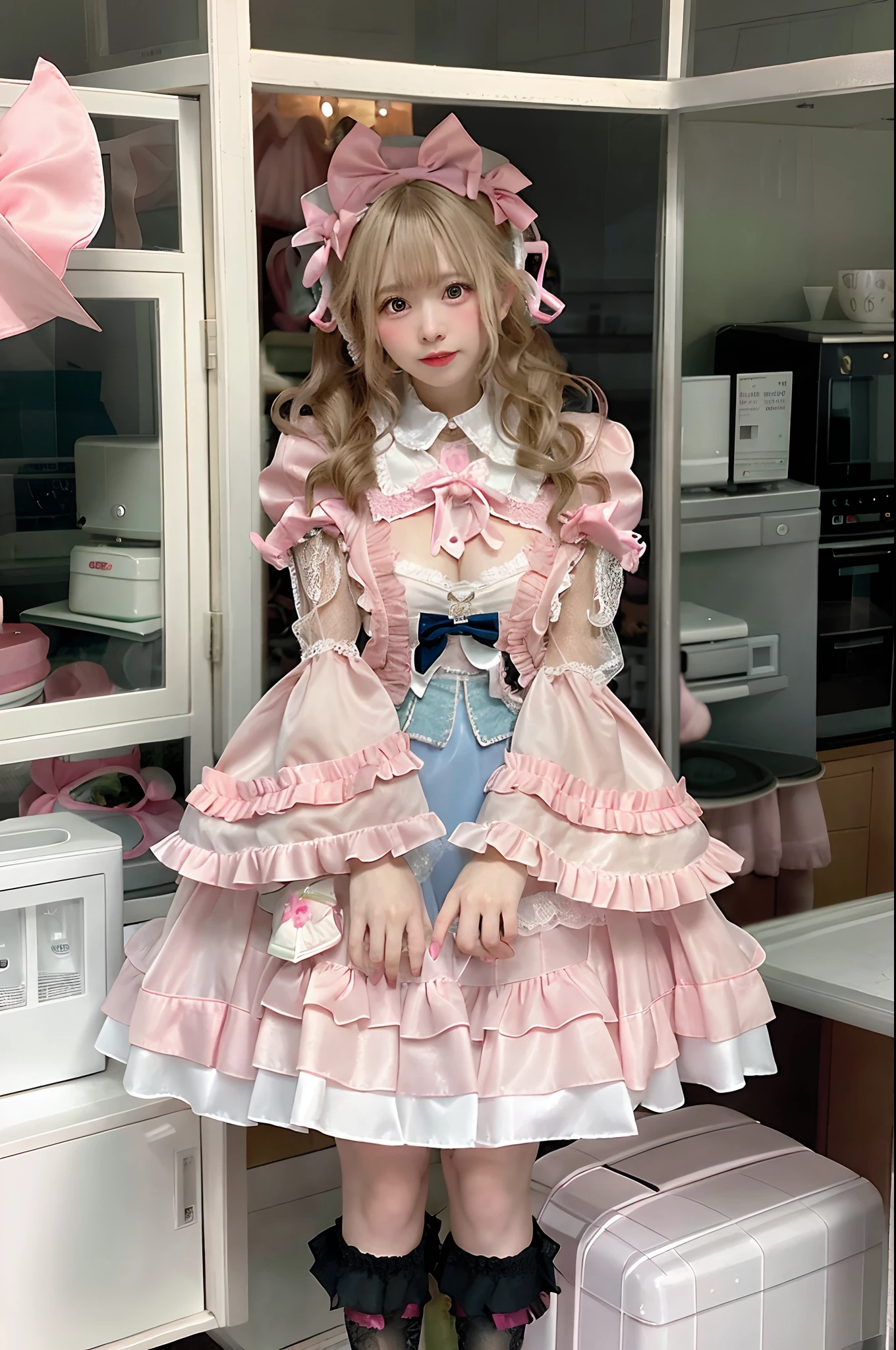 Blonde girl in pink satin dress standing in front of pink fridge, rococo ruffles dress, Lolita style, portrait of the magical Lolita girl, Lolita Fashion, angelic pretty, Belle Delphine, rococo dress, loli in dress, style of magical girl, victorian gothic lolita fashion, Portrait of radical Lolita girl, Anime Barbie Doll, Anime girl cosplay, Lori