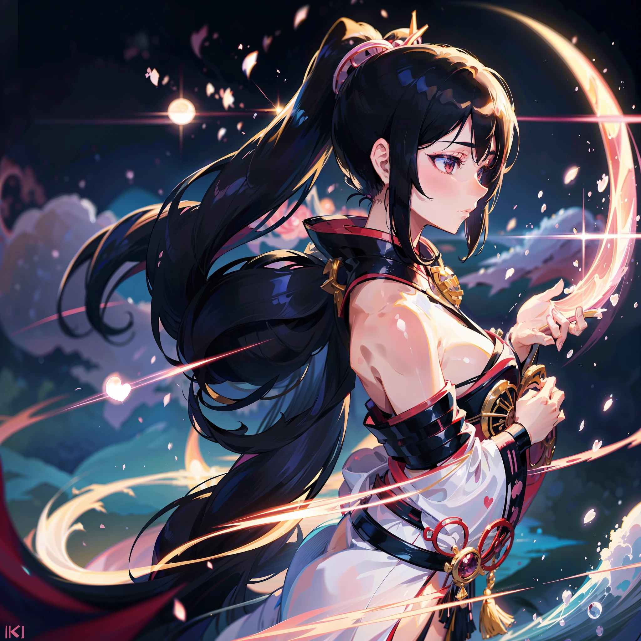 Profile Depict a woman with moon, ponytail, shiny black hair, gorgeous kimono, beautiful and elegant Japan on the background. Heart in the eye. Systemic. beautiful anime art wallpaper 8k, beautiful fantasy anime, beautiful anime, detailed anime artwork.blur background Have a sickle