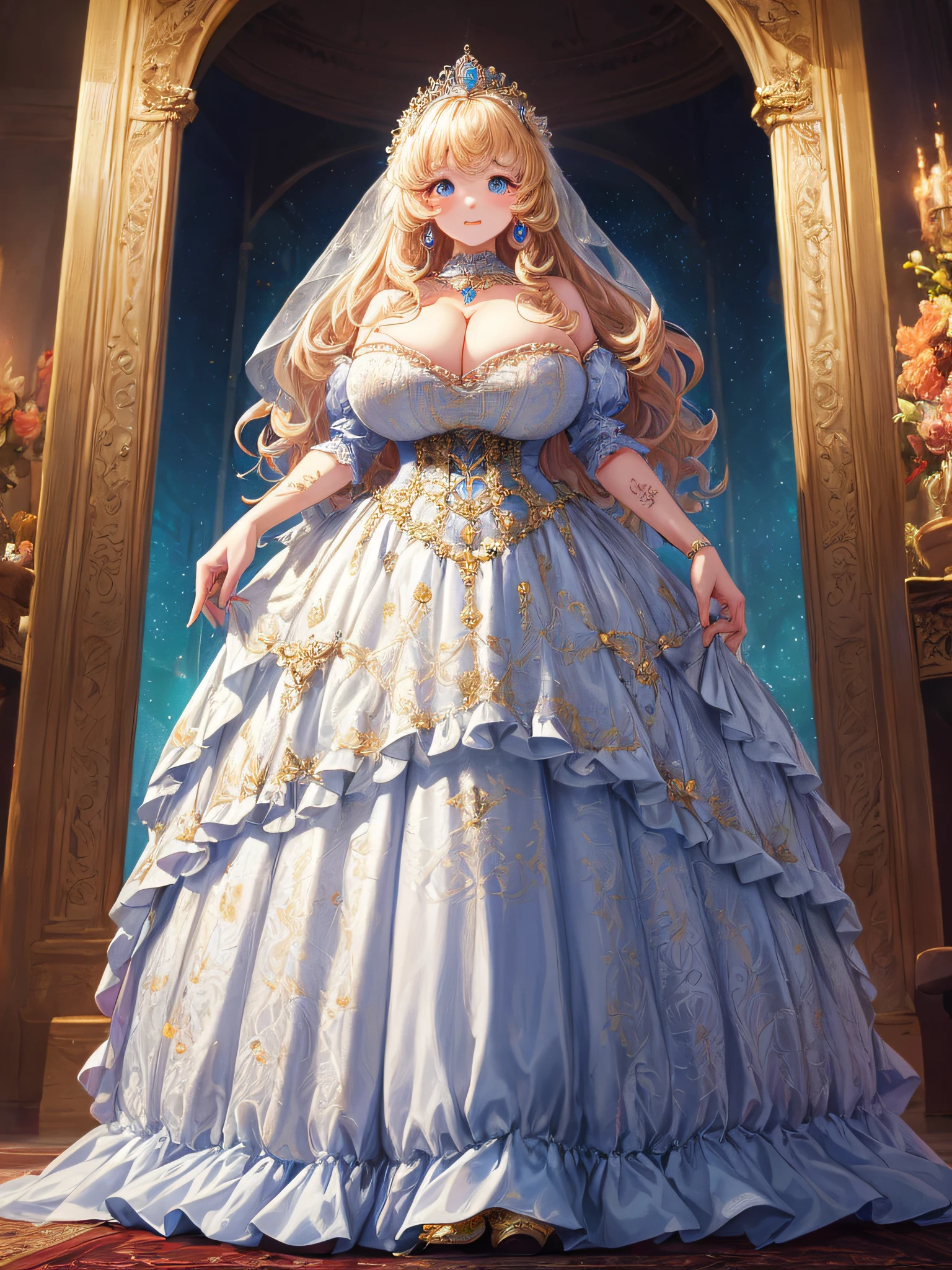 (masterpiece, best quality,extremely detailed:1.1),(moe anime art style:1.2),1girl,((full body,focus face)),((solo)), cute, kawaii,digital art,((1 gorgeous anime princess wearing beautiful embroidery and jeweled gorgeous princess rococo ballgown with voluminous full length hoop skirt)),((crinoline)),long train,voluminous frills,(gorgeous embroidery and beautiful lace),((very gigantic boobs,skindentation)),cleavage,shiny hair,(((very long hair,large amount of straight hair))),((finely detailed face and eyes)),clear pupil,extremely gorgeousfull hair ornament,(bling-bling jeweled extremely gorgeousfull tiara),(bling-bling gorgeous gemstone jewelry),long veil,beautiful background,fantasy background,flowers,flower petals flowing,full body,((beautiful embroidery and jeweled ruffled gorgeous princess rococo ballgown with voluminous full length hoop skirt))