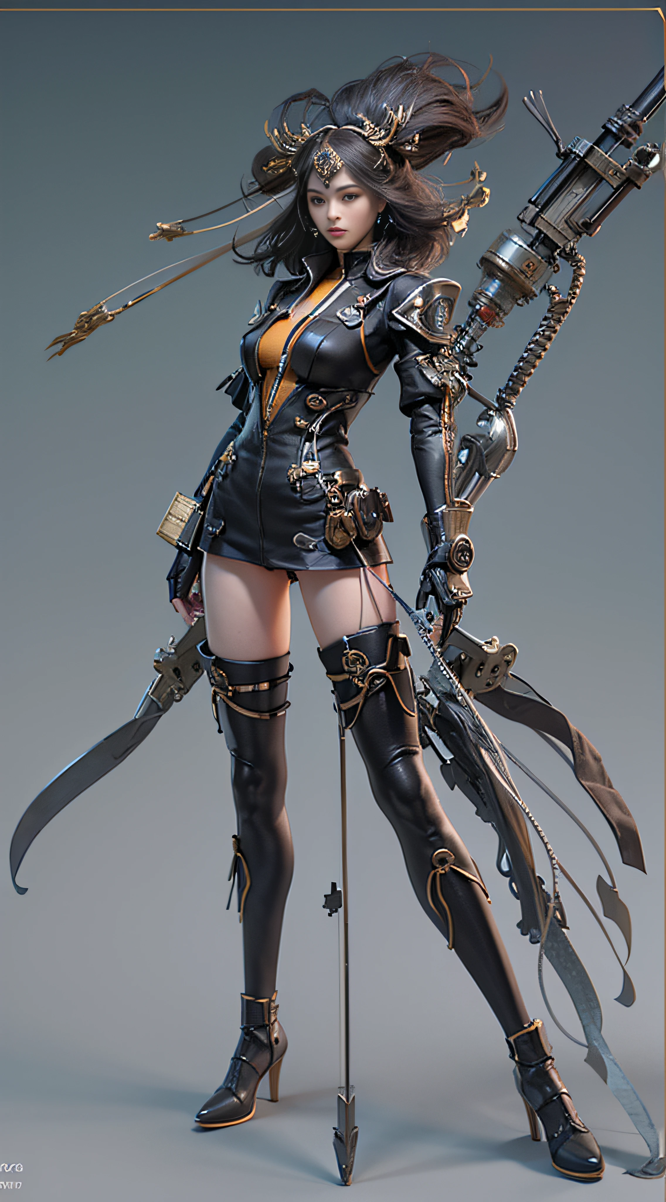 (((masterpiece, top quality, ultra detailed))), (((ultra photo-realistic 3D))), (((dramatic leap in overall accuracy, producing ultra detailed and realistic images))), complex machine j gimmick female android, Dynamic combat action poses, A fusion of very complex mechanical steampunk fashion and overly decorated Gothic Lolita fashion, Off the shoulders, Fluttering flare mini skirt, Complex mechanical temple steampunk headgear, Very large eyes, very long eyelashes, Black hair blown in the wind, very long thin arms, Complex mechanical gloves, very long thin legs, Complex mechanical over-the-knee stockings, Mandala, Lots of neon gras are crossed and scattered, Have a huge weapon with very complex mechanical devices, A highly complex machine shop surrounded by flames, Very dark night background, Very dramatic and cinematic lighting, (High dynamic range), Ray tracing, NVIDIA RTX, Super Resolution, Unreal 5, Subsurface scattering, PBR Texturing, Post-processing, Anisotropy Filtering, depth of fields, Maximum clarity and sharpness, Multilayer textures, Albedo and specular maps, Surface Shading, Precise simulated light material interactions, Perfect proportions, Octane Rendering, Two-tone lighting, Wide aperture, Low ISO, White Balance, thirds rule, 16K RAW,