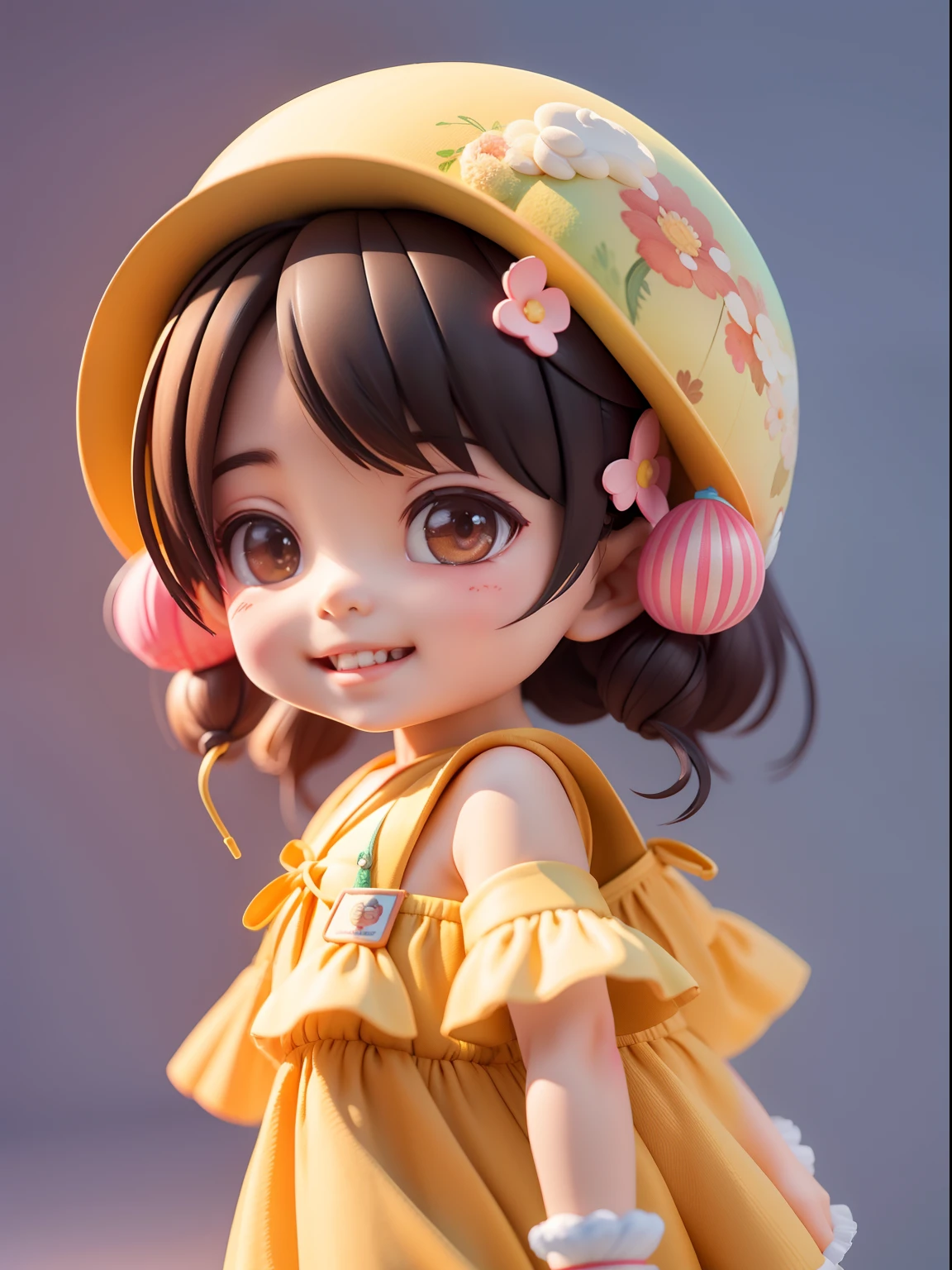 Asian 's illustration, round face, (Nuan is a cute 10 year aring a beret and smiling sweetly in an yellow dress), hd mod, glowwave, simple, 3d, blender, oc render, in by pop mart, blind box toy, hyper detail, c4d, --iw 1 (--ar 3:4)