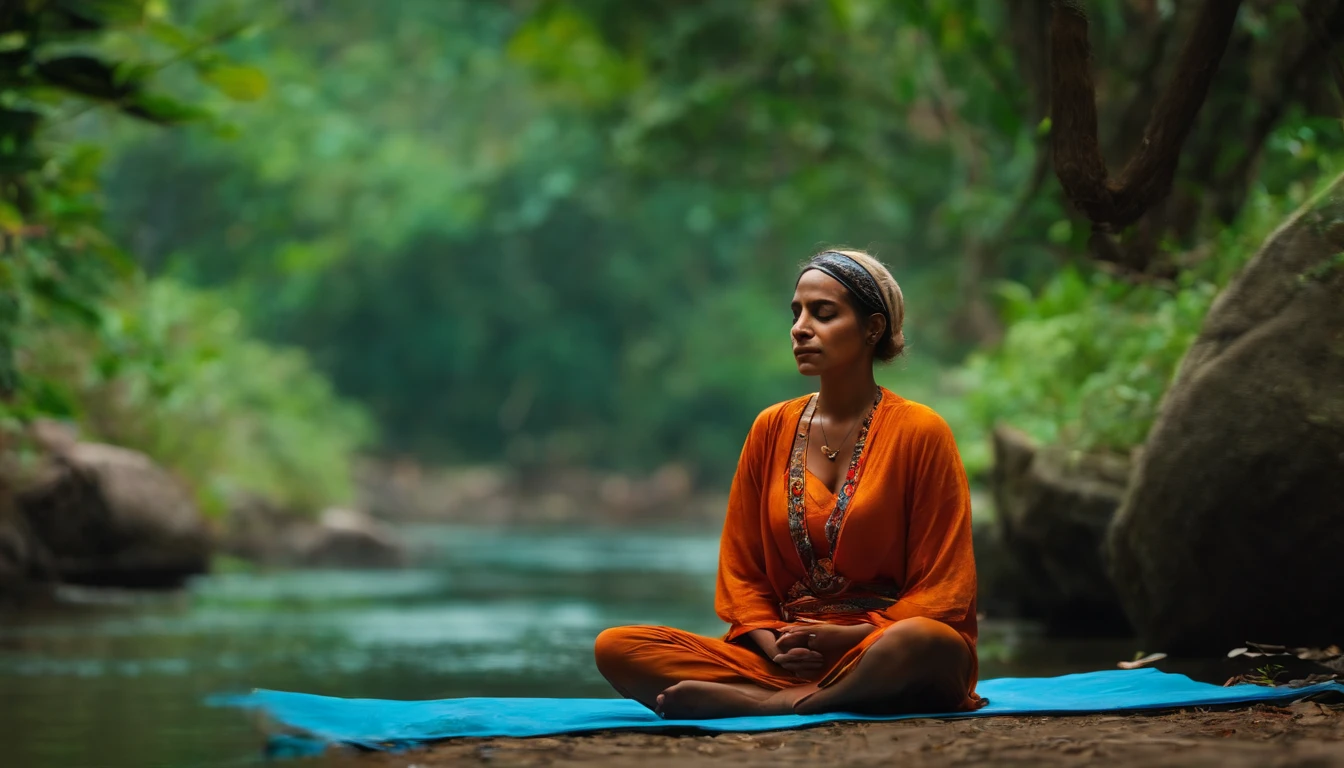 (Imagem de uma pessoa meditando em um local tranquilo, com pensamentos positivos emanando e atraindo coisas positivas ao redor.)