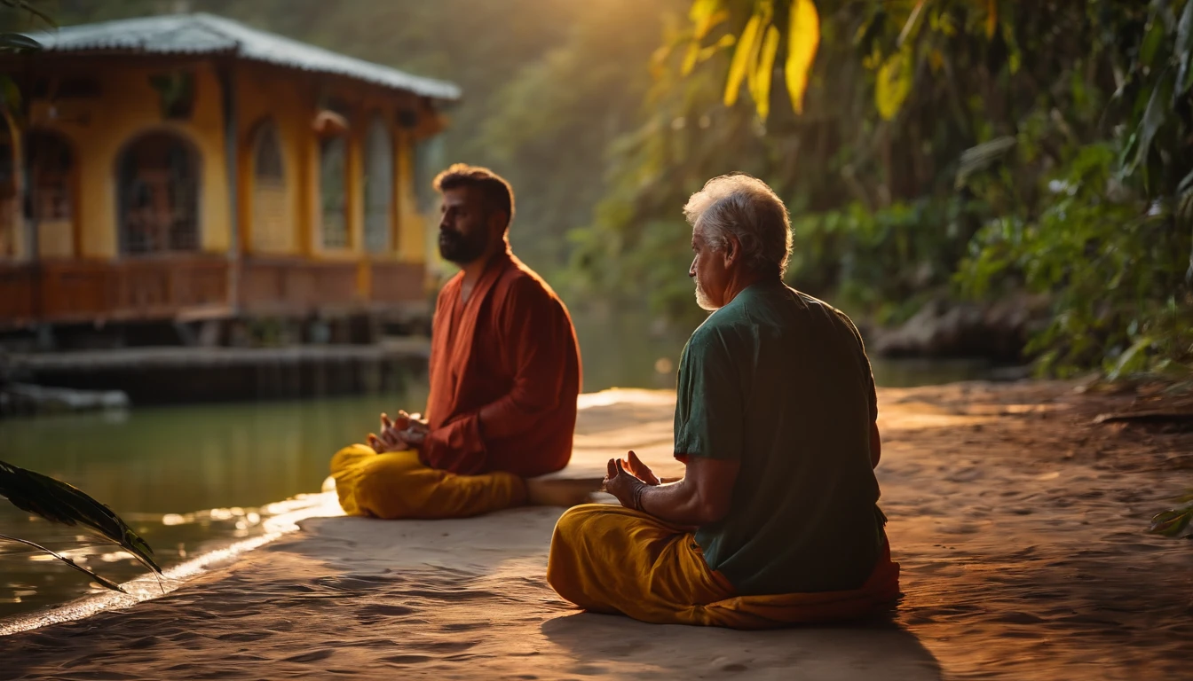 (Imagem de uma pessoa meditando em um local tranquilo, com pensamentos positivos emanando e atraindo coisas positivas ao redor.)