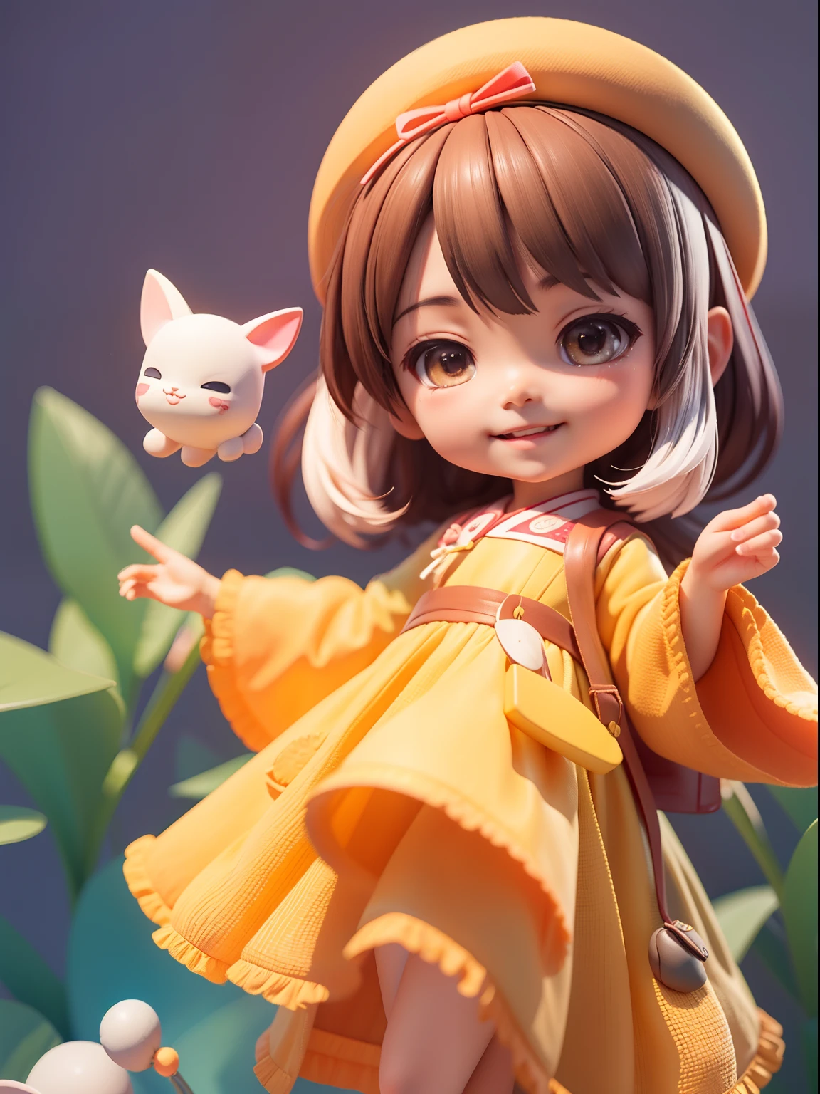 Asian Children's illustration, round face, （Nuan is a cute 10 year old girl wearing a beret and smiling sweetly in an yellow dress）, hd mod, glowwave, simple, 3d, blender, oc render, in by pop mart, blind box toy, hyper detail, c4d, --iw 1 （--ar 3:4）