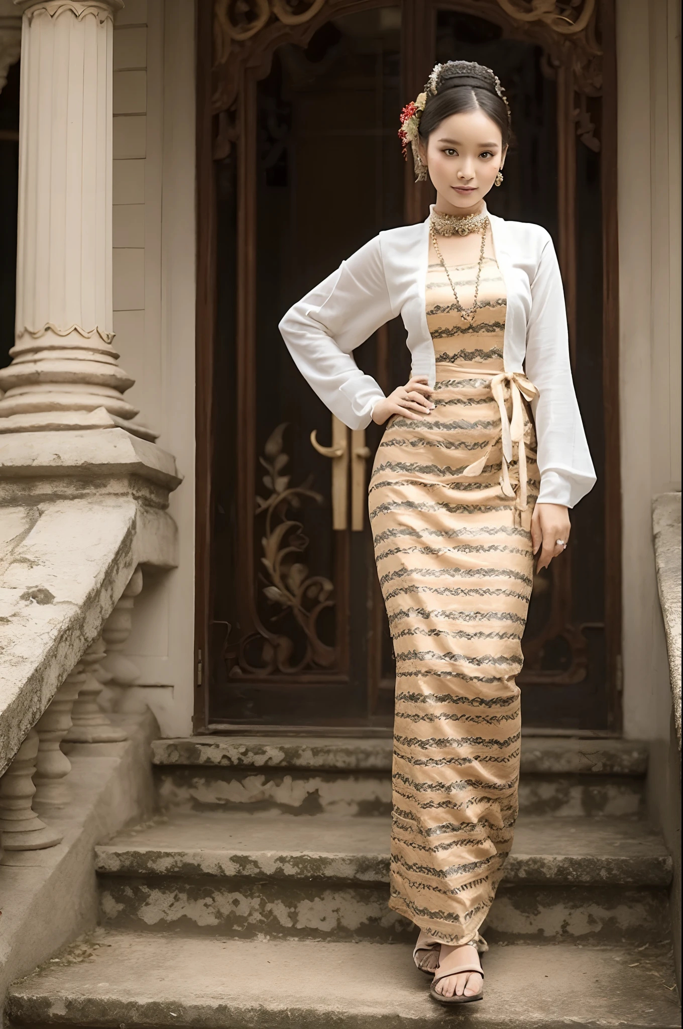 MMTD Burmese patterned traditional dress lady full body details