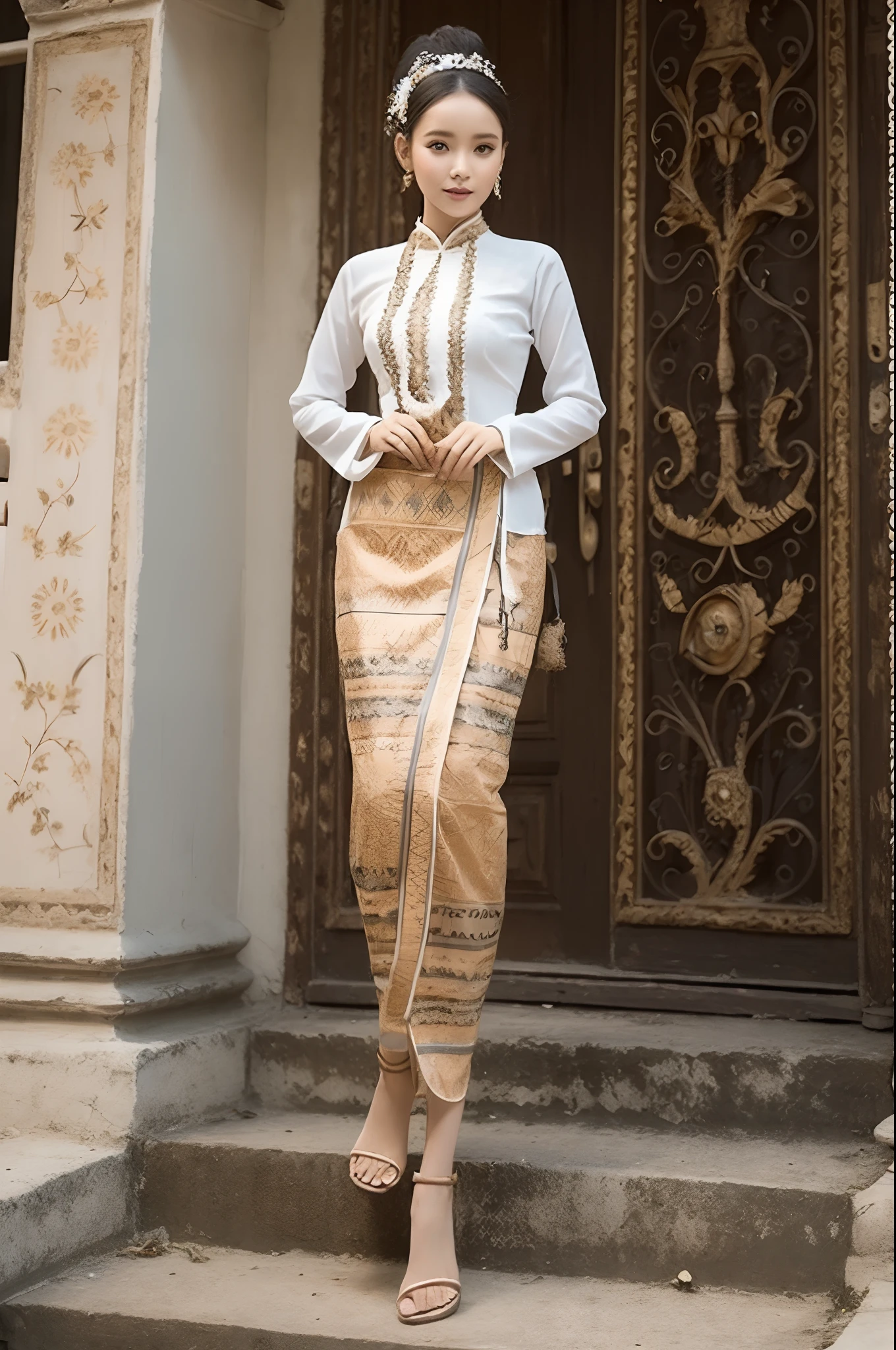 MMTD Burmese patterned traditional dress lady full body details