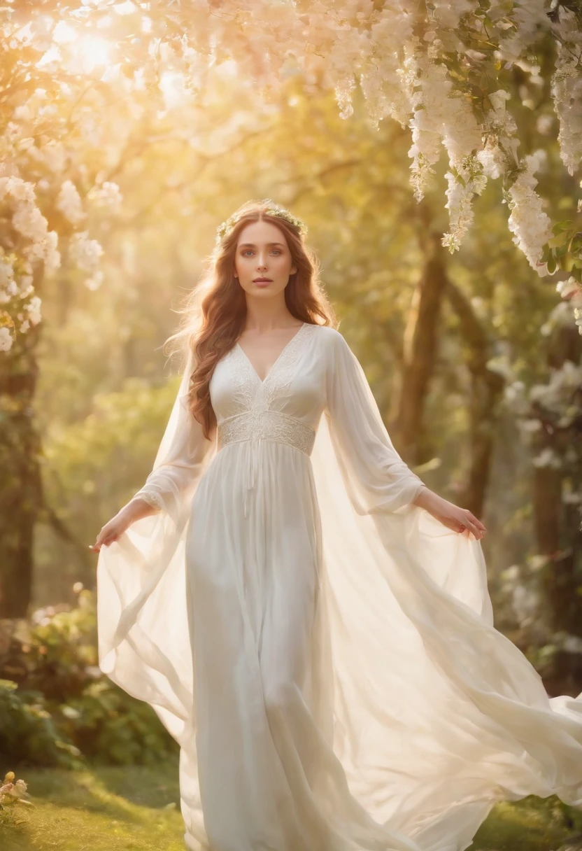 Invisible ethereal goddess, (best quality,4k,highres), glamorous, elegant, graceful, divine, ethereal, long flowing hair, shining golden aura, flawless porcelain skin, piercing radiant eyes, delicate facial features, slender figure, draped in flowing white robes, surrounded by blooming flowers, standing in a lush enchanted garden, soft sunlight filtering through the trees, (realistic) vibrant colors, ethereal lighting, (concept artists) art style.