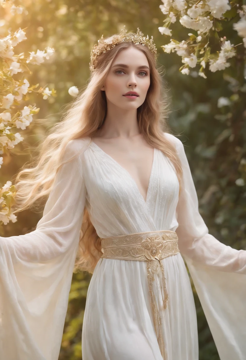 Invisible ethereal goddess, (best quality,4k,highres), glamorous, elegant, graceful, divine, ethereal, long flowing hair, shining golden aura, flawless porcelain skin, piercing radiant eyes, delicate facial features, slender figure, draped in flowing white robes, surrounded by blooming flowers, standing in a lush enchanted garden, soft sunlight filtering through the trees, (realistic) vibrant colors, ethereal lighting, (concept artists) art style.