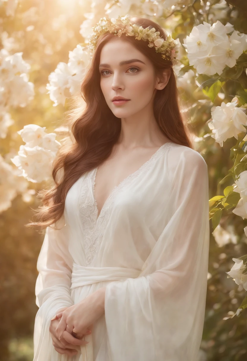 Invisible ethereal goddess, (best quality,4k,highres), glamorous, elegant, graceful, divine, ethereal, long flowing hair, shining golden aura, flawless porcelain skin, piercing radiant eyes, delicate facial features, slender figure, draped in flowing white robes, surrounded by blooming flowers, standing in a lush enchanted garden, soft sunlight filtering through the trees, (realistic) vibrant colors, ethereal lighting, (concept artists) art style.
