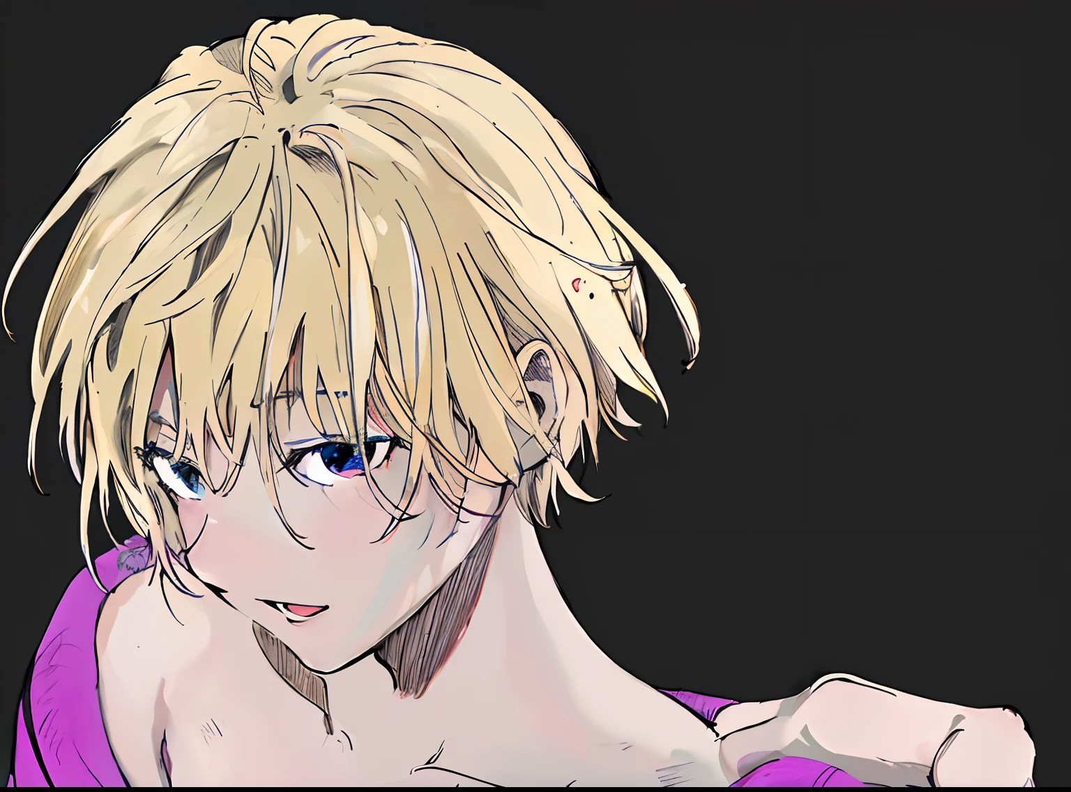 Desenho de estilo de uma mulher de cabelos loiros com olhos azuis, Colorido digitalmente, colorful sketch, colored manga panel, tom de tela colorido, coloured manga scan, colored sketch anime manga panel, Altas, feito com anime painter studio