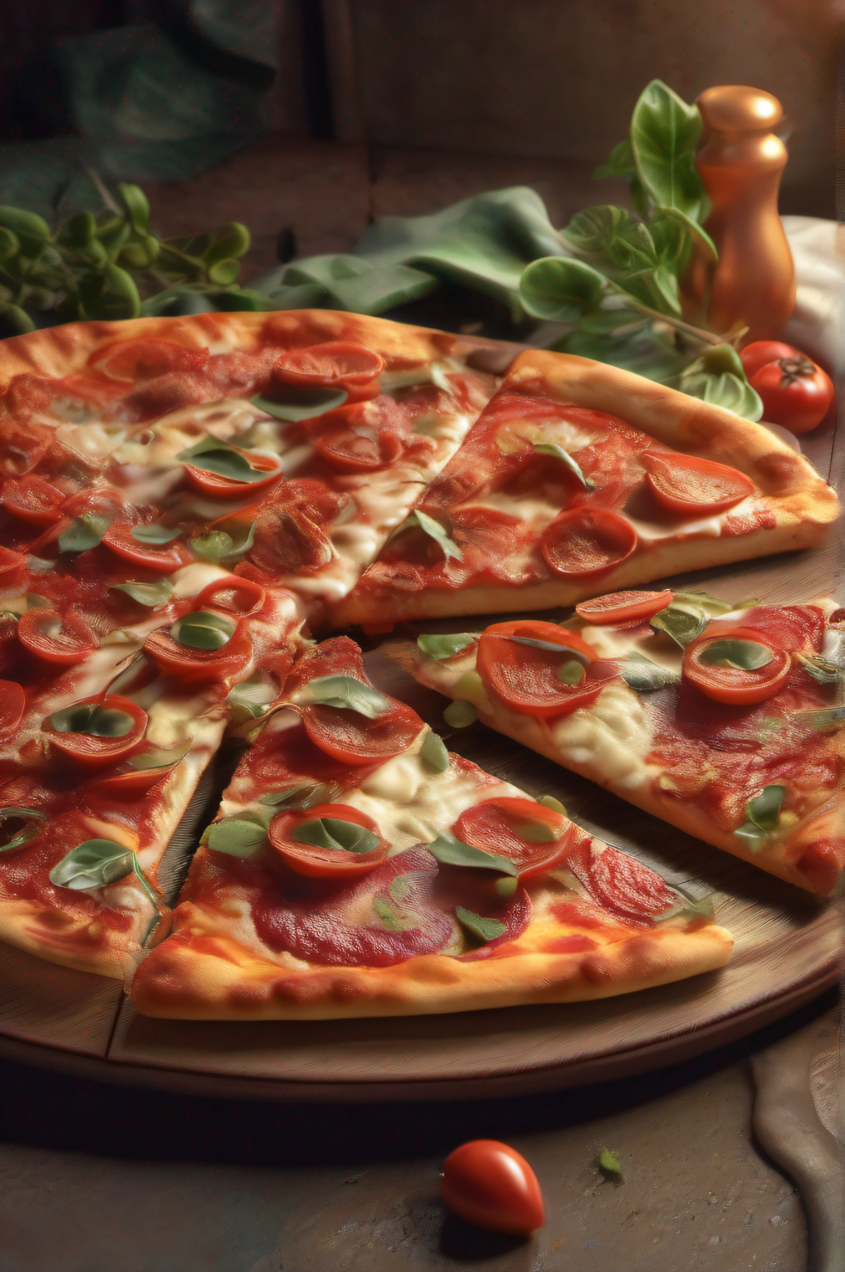 (Professional 3D rendering:1.3) de (Realistic:1.3) Foto de arte mais bonita do mundo, suculenta e deliciosa pizza, textura detalhada, close, HDR, foto realista, cinemactic,foto promocional, publicidade, iluminado, Adobe Lightroom