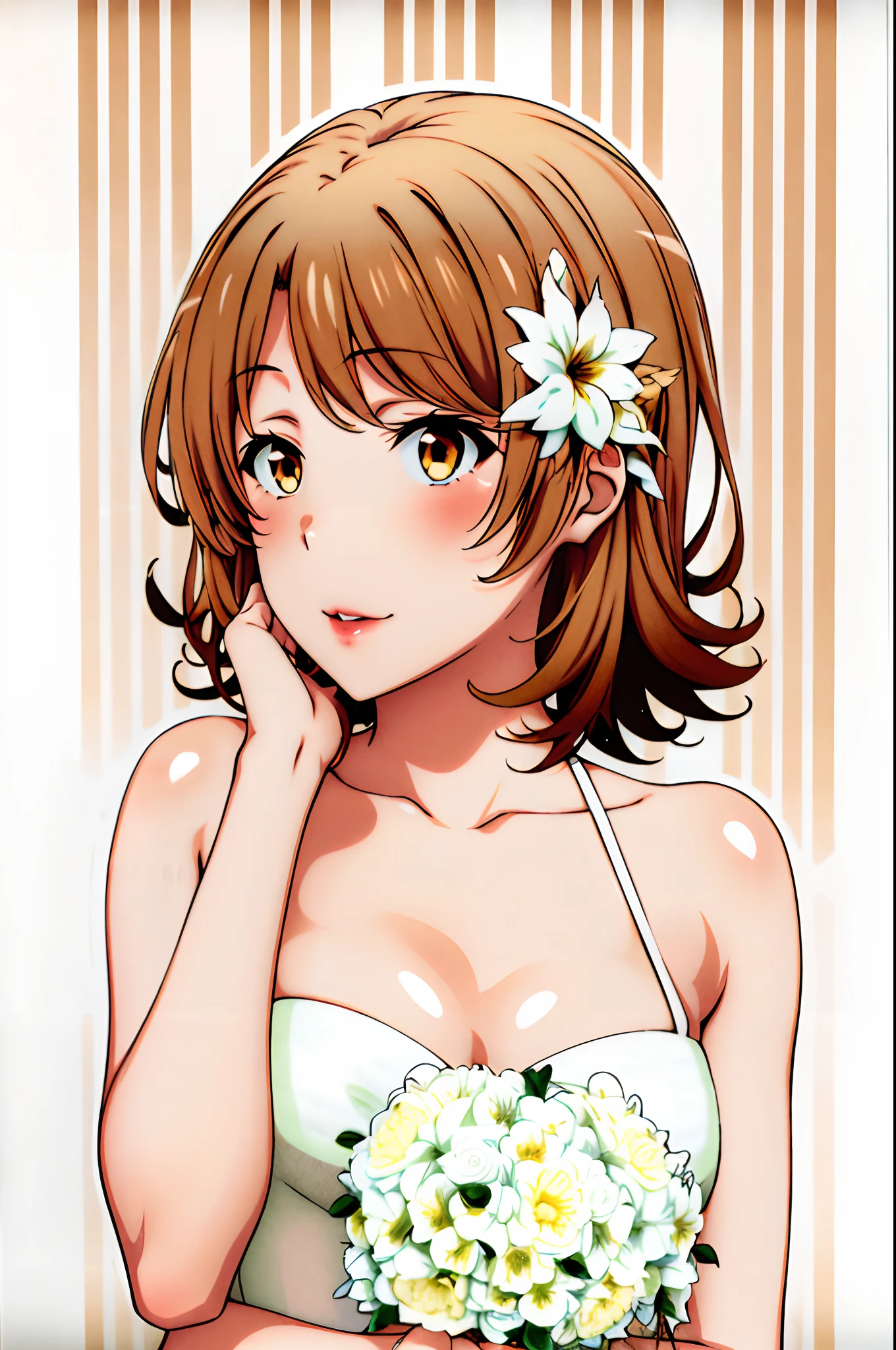 Isshiki iroha , Best Quality,highres,da,short hair,wedding Dress ,brown  hair,1girl, flower open chest dress , hair, eyes blue,red lips ,striped ,wife woman ,school, looking at the scenes,sexy bride، wallpaper