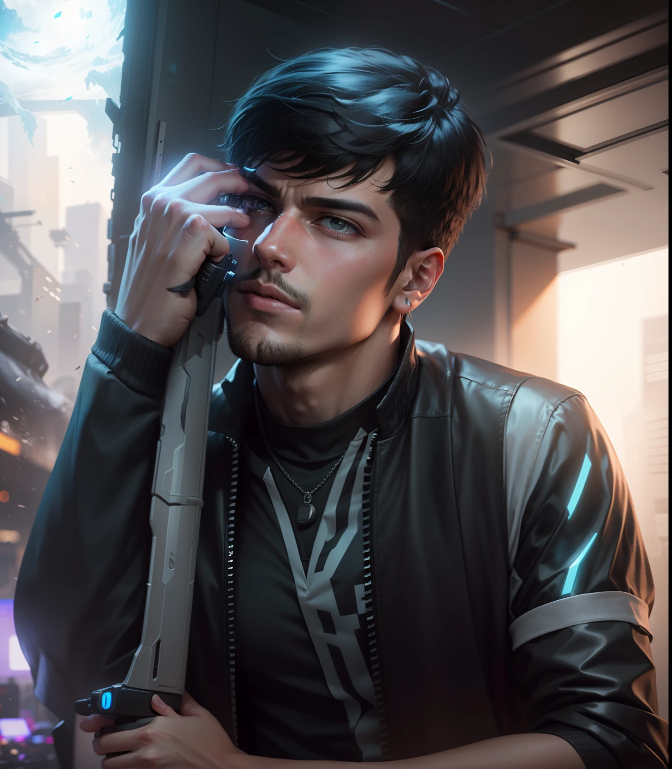 Change background cyberpunk handsome boy realistic face change stick with gun
