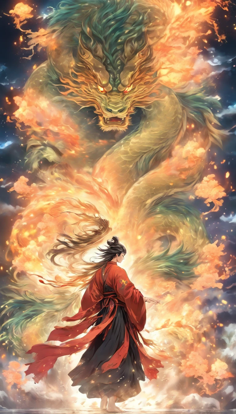 China style,中景 the scene is,The mechanical-style Taoist priest stood in front of a huge transparent dragon,reaching out her hands,With a sword in his right hand, he confronts the dragon,Long messy hair,Glow effect,Hyper-realistic,Ultra photo realsisim,Chinese black and white ink style,Silver,Decolorization,Smudge,Inky,8K,super-fine,high qulity,OC renderer