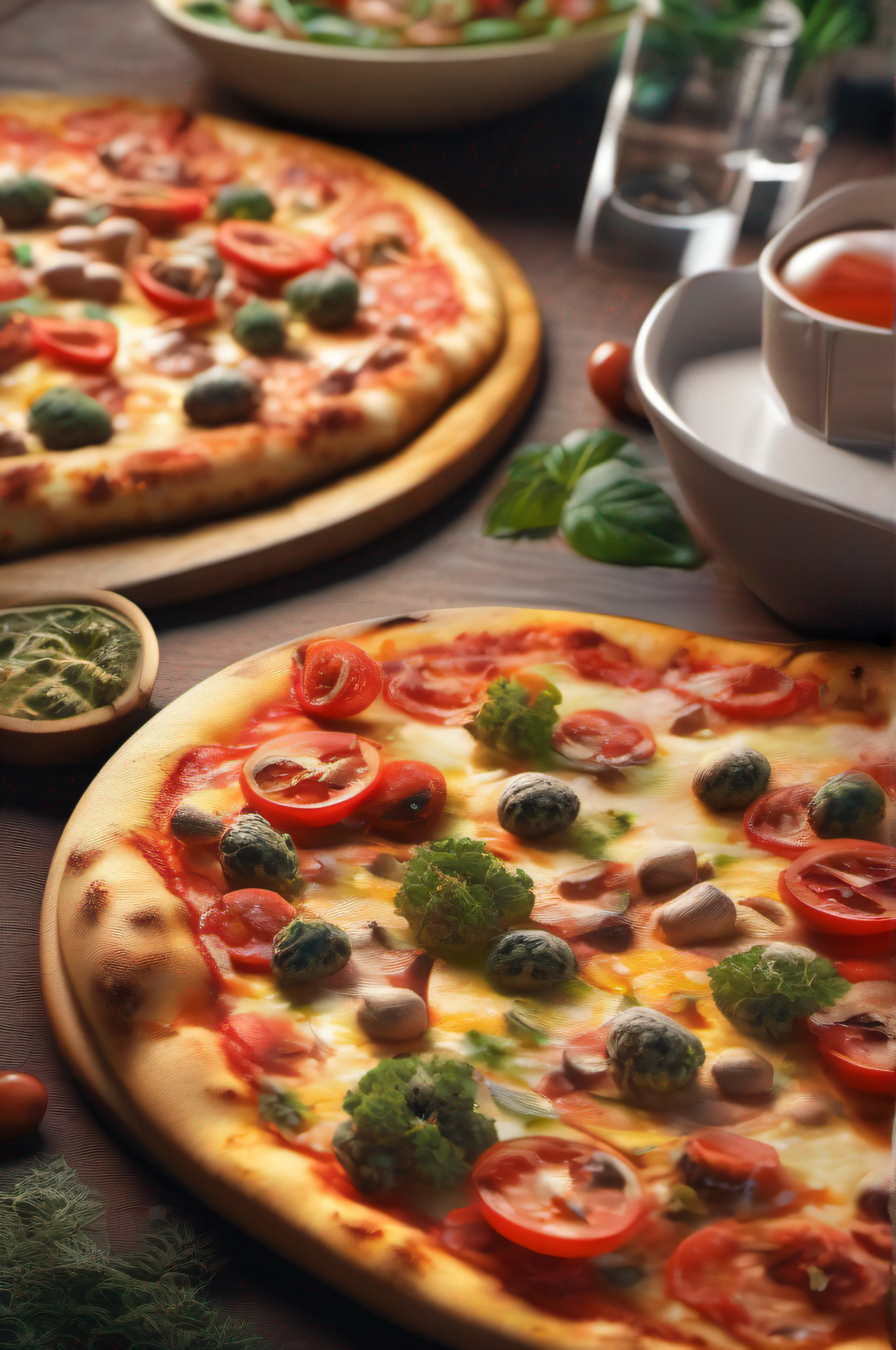 (Professional 3D rendering:1.3) de (Realistic:1.3) Foto de arte mais bonita do mundo, suculenta e deliciosa pizza, textura detalhada, close, HDR, foto realista, cinemactic,foto promocional, publicidade, iluminado, Adobe Lightroom