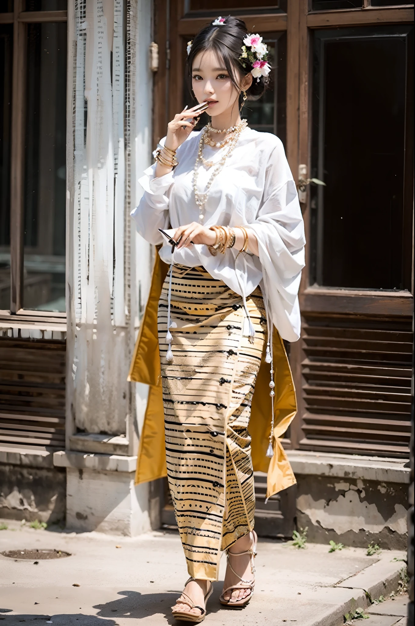 MMTD BURMESE PATTERNED TRADITIONAL DRESS WEAR BEAUTIFUL LADY, WEAR PEARL NECKLACES AND GOLD BRACELETS, HOLDING A CHEROOT CIGAR ,FULL BODY DETAILS BEAUTY