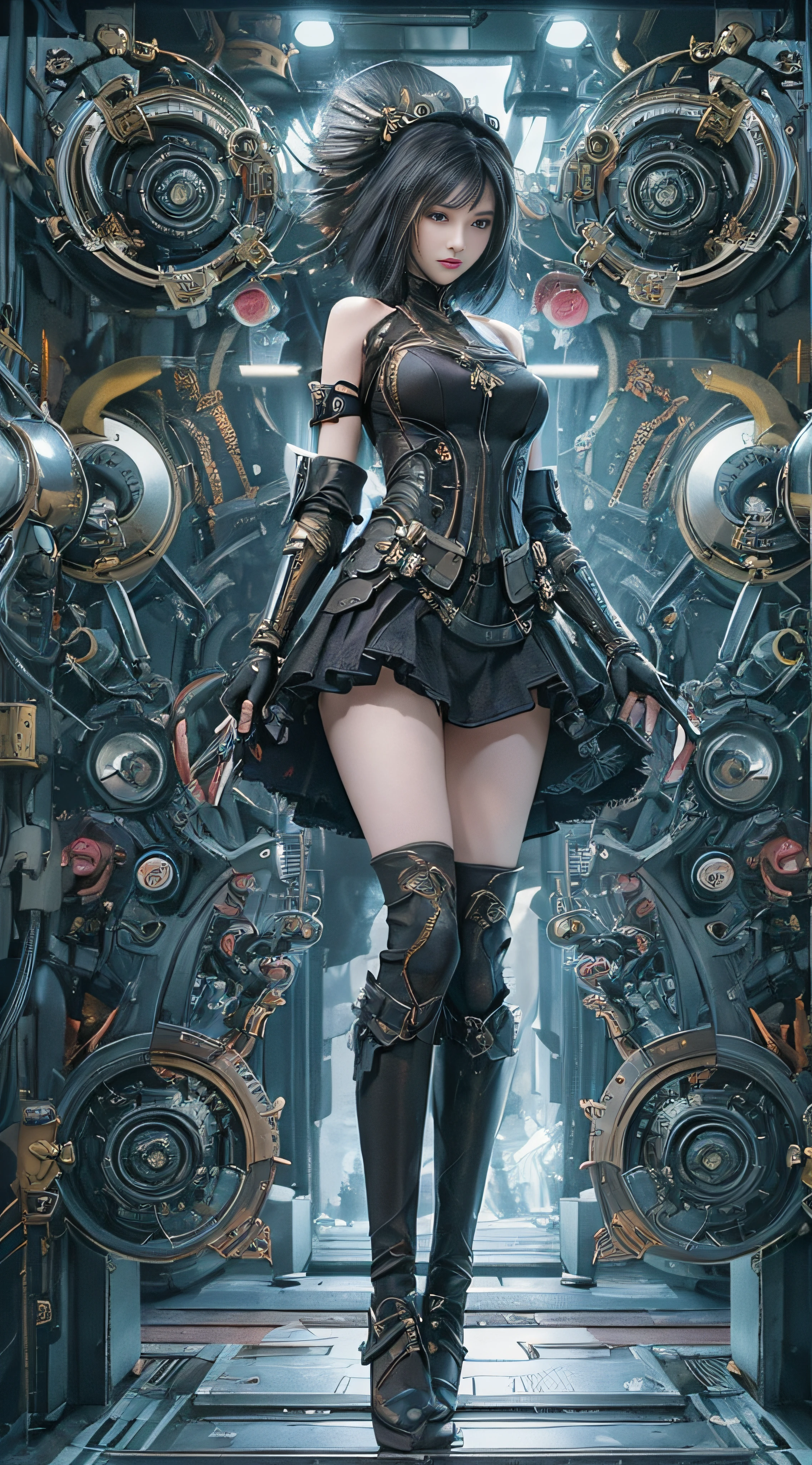 (((masterpiece, top quality, ultra detailed))), (((ultra photo-realistic 3D))), (((dramatic leap in overall accuracy, producing ultra detailed and realistic images))), complex machine j gimmick female android, Dynamic combat action poses, A fusion of very complex mechanical steampunk fashion and overly decorated Gothic Lolita fashion, Off the shoulders, Fluttering flare mini skirt, Complex mechanical temple steampunk headgear, Very large eyes, very long eyelashes, Black hair blown in the wind, very long thin arms, Complex mechanical gloves, very long thin legs, Complex mechanical over-the-knee stockings, Mandala, Lots of neon gras are crossed and scattered, Have a huge weapon with very complex mechanical devices, A highly complex machine shop surrounded by flames, Very dark night background, Very dramatic and cinematic lighting, (High dynamic range), Ray tracing, NVIDIA RTX, Super Resolution, Unreal 5, Subsurface scattering, PBR Texturing, Post-processing, Anisotropy Filtering, depth of fields, Maximum clarity and sharpness, Multilayer textures, Albedo and specular maps, Surface Shading, Precise simulated light material interactions, Perfect proportions, Octane Rendering, Two-tone lighting, Wide aperture, Low ISO, White Balance, thirds rule, 16K RAW,