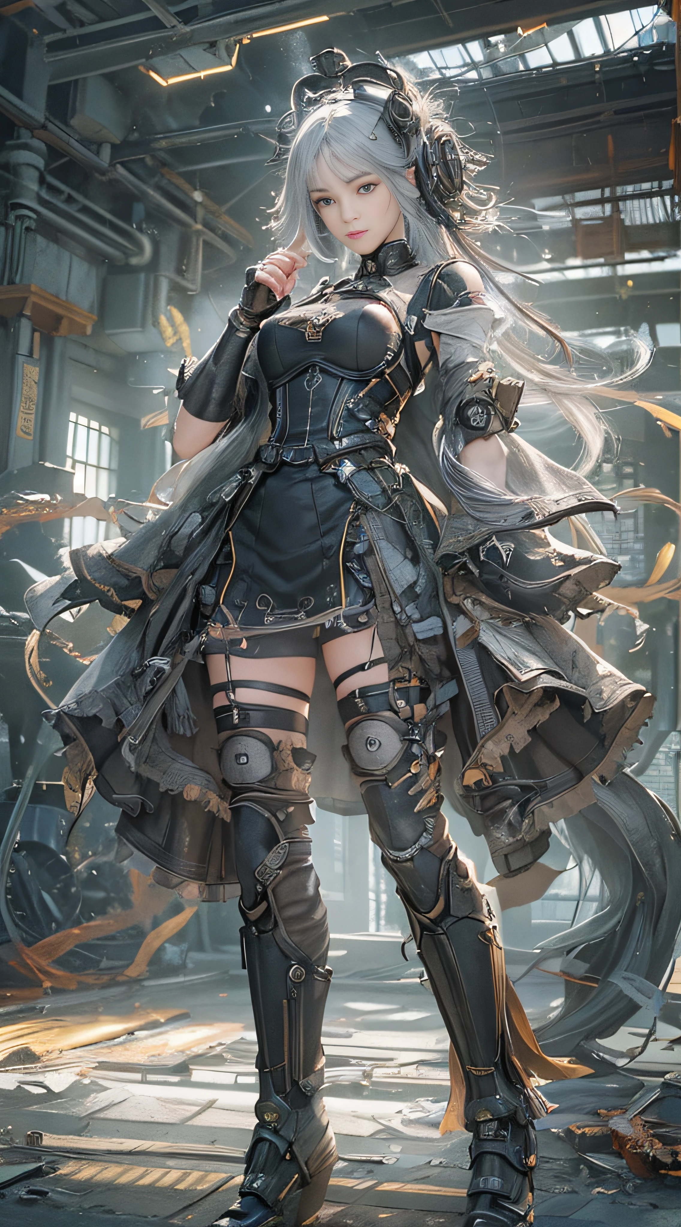 (((masterpiece, top quality, ultra detailed))), (((ultra photo-realistic 3D))), (((dramatic leap in overall accuracy, producing ultra detailed and realistic images))), complex machine j gimmick female android, Dynamic combat action poses, A fusion of very complex mechanical steampunk fashion and overly decorated Gothic Lolita fashion, Off the shoulders, Fluttering flare mini skirt, Complex mechanical temple steampunk headgear, Very large eyes, very long eyelashes, Black hair blown in the wind, very long thin arms, Complex mechanical gloves, very long thin legs, Complex mechanical over-the-knee stockings, Mandala, Lots of neon gras are crossed and scattered, Have a huge weapon with very complex mechanical devices, A highly complex machine shop surrounded by flames, Very dark night background, Very dramatic and cinematic lighting, (High dynamic range), Ray tracing, NVIDIA RTX, Super Resolution, Unreal 5, Subsurface scattering, PBR Texturing, Post-processing, Anisotropy Filtering, depth of fields, Maximum clarity and sharpness, Multilayer textures, Albedo and specular maps, Surface Shading, Precise simulated light material interactions, Perfect proportions, Octane Rendering, Two-tone lighting, Wide aperture, Low ISO, White Balance, thirds rule, 16K RAW,