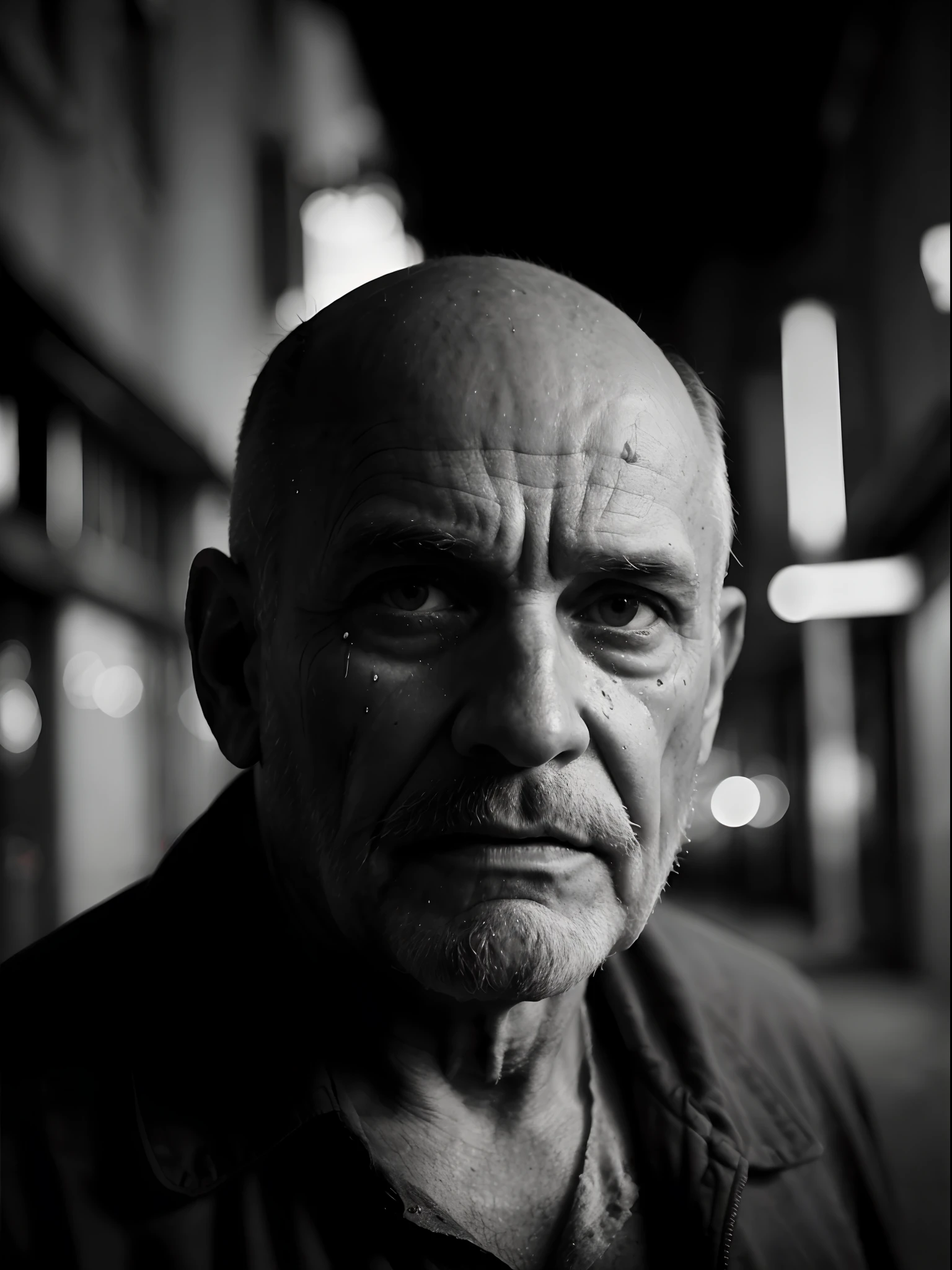 (a)poster of a wanted bald old man,(b)sad and depressing,(c)monochrome, (d)wrinkled face, (e)furrowed brows, (f)empty eyes, (g)tears streaming down his cheeks, (h)desperate expression, (i)unshaven beard, (j)tattered clothes, (k)background of a desolate alley, (l)dimly lit streetlamp, (m)gritty texture, (n)black and white contrast, (o)strong shadows, (p)emphasis on the man's face, (q)high resolution, (r)fine details, (s)realistic rendering, (t)masterpiece quality.