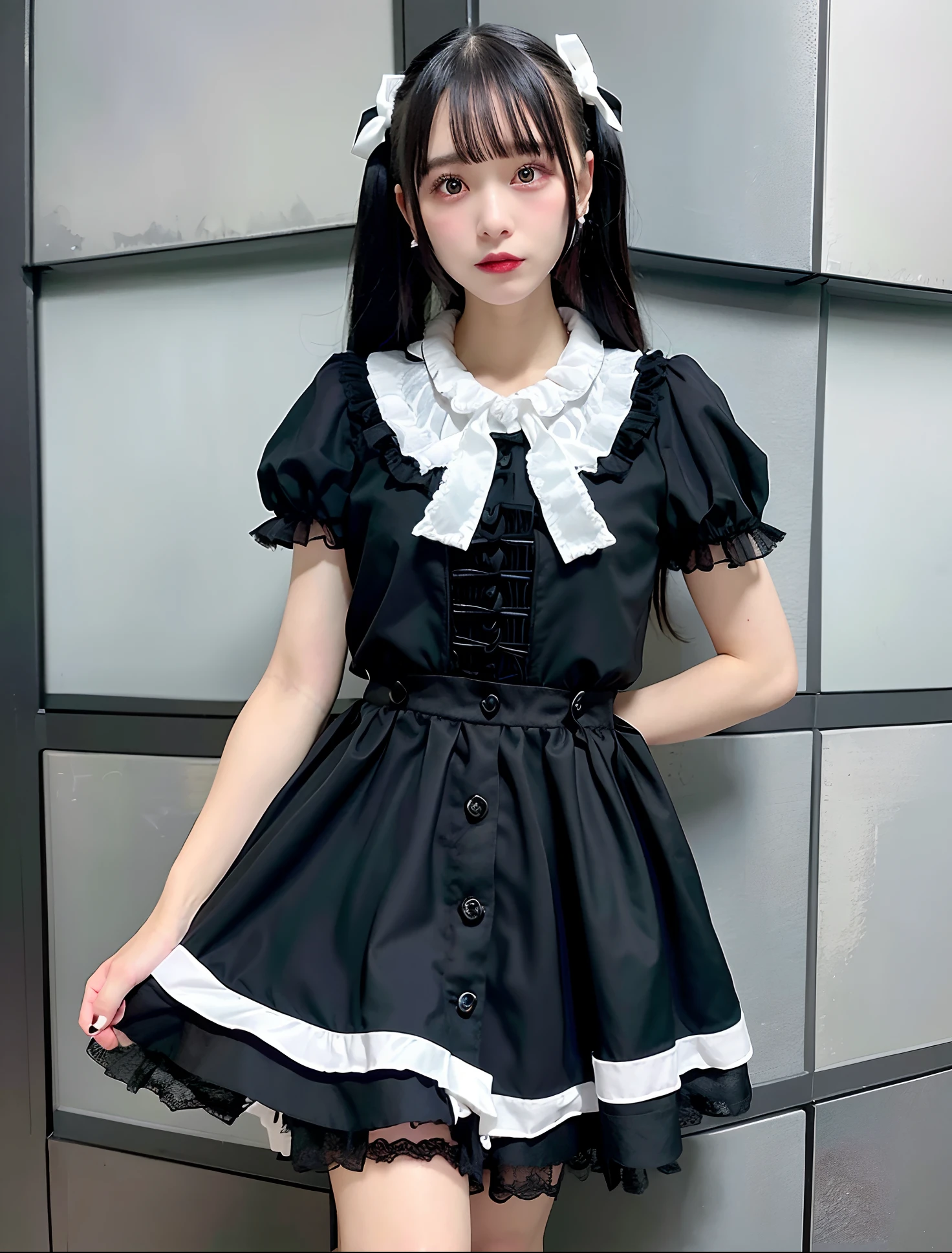 Alafe girl in black dress with white ribbon and black dress, black gothic lolita dress, maid clothes, witch clothing, Lolita style, anime girls in maid costumes, maid dress, Lolita Fashion, gothic outfit, anime girl wearing a black dress, wearing a gothic dress, Lori, Gothic clothes, fantasy outfit, loli in dress
