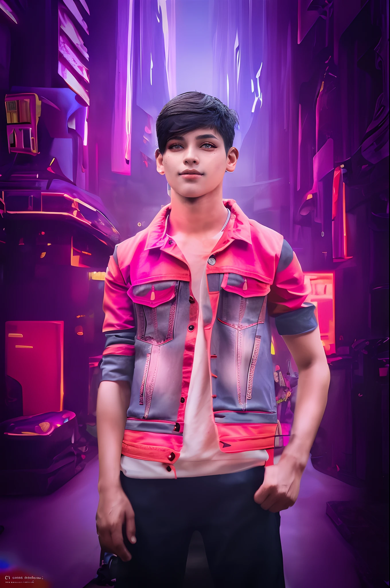 masterpiece, best quality, Confident cyberpunk boy, full body shot, ((standing in front of motorcycle)), Harajuku-inspired pop out, bold colors and patterns, eye-catching accessories, trendy and innovative hairstyle, vibrant makeup, Cyberpunk dazzling cityscape, skyscrapers, neon signs, LED lights, bright and vivid color scheme, anime, illustration, detailed skin texture, detailed cloth texture, beautiful detailed face, intricate details, ultra detailed, change background cyberpunk city