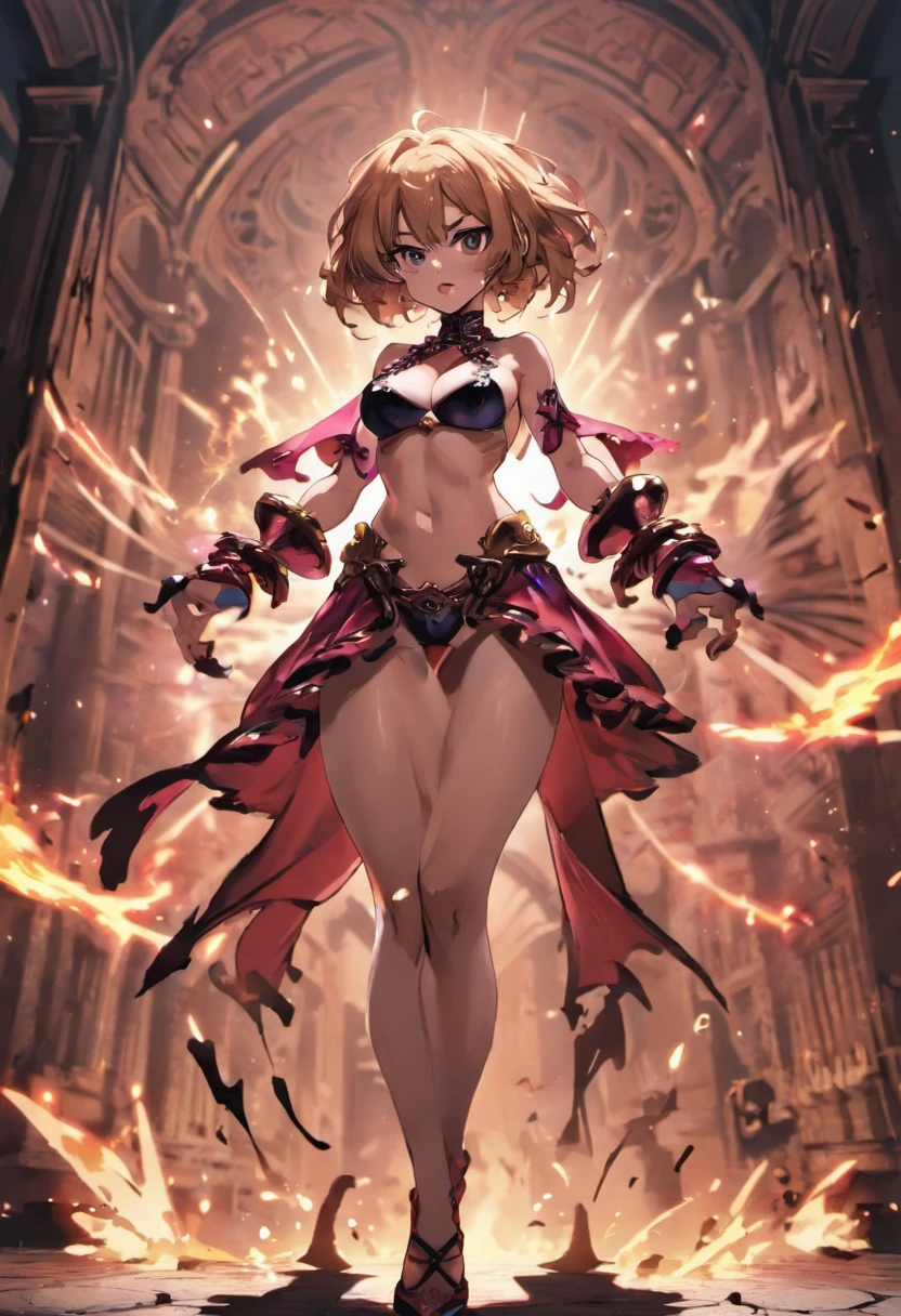 anime, fighting stance, action, dynamic pose, 1girl, mature female, medium breasts, ornate clothes, breastless clothes, nipples, horror \(theme\), (Masterpiece, Best Quality, High Quality, Highres:1.4), Detailed, Extremely Detailed, Ambient Soft Lighting, 4K, silhouette, architecture