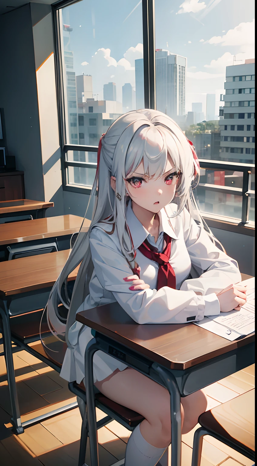 1 girl 19 years old, white long hair, red eyes, extreme eyes detail, beautiful eyes, angry eyes, angry face, wearing a white Japanese school uniform, wearing a short white skirt, white thigh socks, black clogs, both hands slammed on the table, threaten, pointing at viewer, classroom, classroom window, tables and chairs, detailed furniture, from the front, extremely detailed, best graphics, 8k, ultrasharp, masterpiece