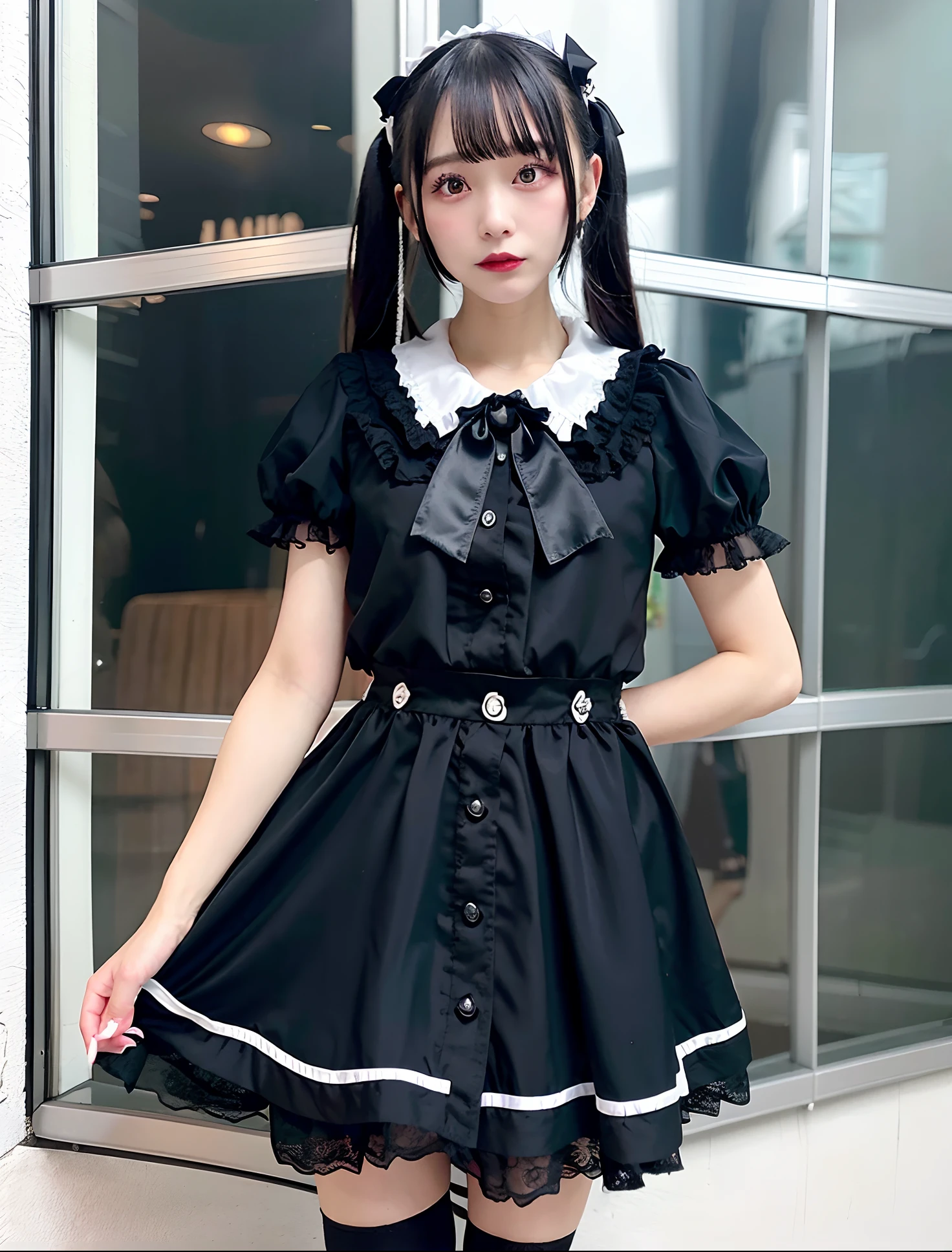 ((Best Quality)), ((masutepiece)), (Detailed), Perfect face、Faces of schoolchildren、Black hair straight、bob cuts、Ruffled dresses、a short skirt、skinny thigh、small hand、white panty、Bitten underwear、