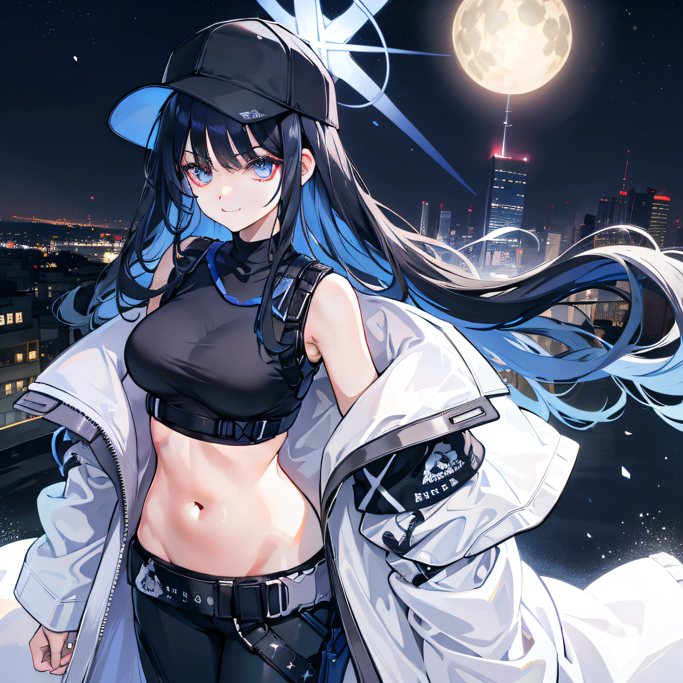 saori, (best quality), (masterpiece), detailed, (illustration), 1girl, long hair, navel, solo, breasts, midriff, hat, off shoulder, pants, crop top, sleeveless shirt, belt, sleeveless, black shirt, outdoors, baseball cap, blue eyes, black headwear, saori \(blue archive\), large breasts, halo, black pants, black hair, cowboy shot, bare shoulders, cityscape, black belt, underbust, standing, open clothes, coat, blue hair, night, white coat, very long hair, chest harness, closed mouth, smiles