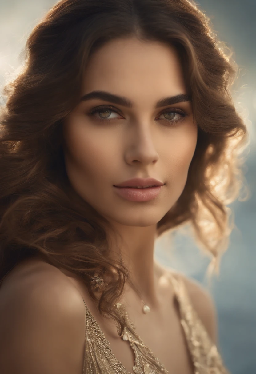(best quality,4k,8k,highres,masterpiece:1.2),ultra-detailed,(realistic,photorealistic,photo-realistic:1.37),beautiful detailed face,goddess with long flowing hair,breathtakingly beautiful eyes,bright sparkling eyes,perfectly shaped eyebrows,silky smooth skin,radiant complexion,luscious pink lips,graceful and slender neck and shoulders,golden sunlight casting a warm glow,soft and ethereal background,impeccably detailed texture,subtle yet striking color palette,artistic digital painting style,stunning portrait of a goddess, necked